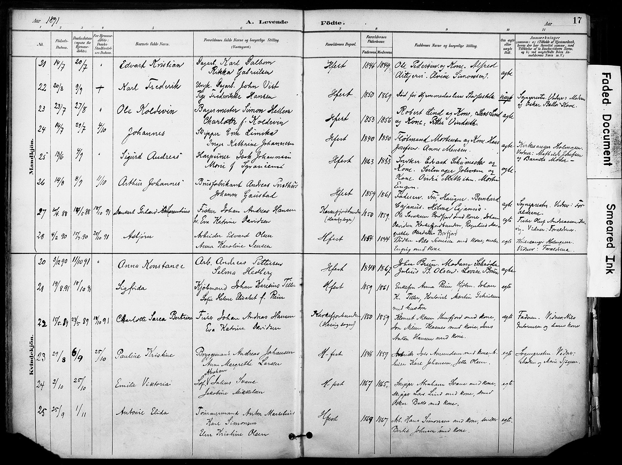 Hammerfest sokneprestkontor, SATØ/S-1347/H/Ha/L0009.kirke: Parish register (official) no. 9, 1889-1897, p. 17