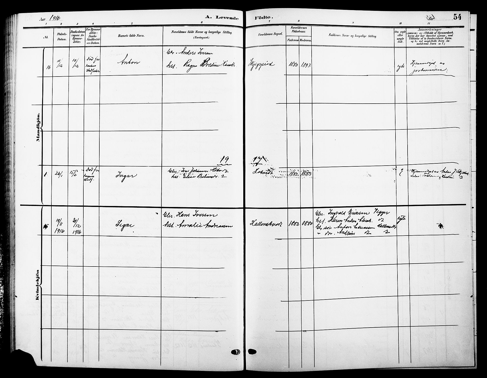 Andebu kirkebøker, SAKO/A-336/G/Ga/L0005: Parish register (copy) no. I 5, 1901-1925, p. 54