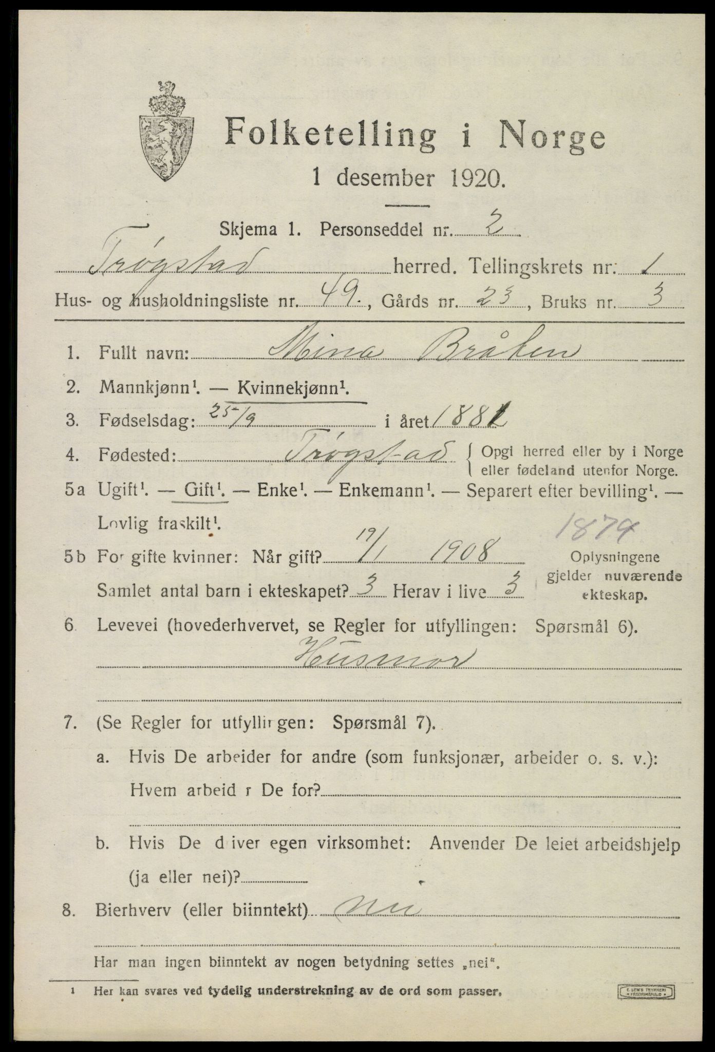 SAO, 1920 census for Trøgstad, 1920, p. 2006