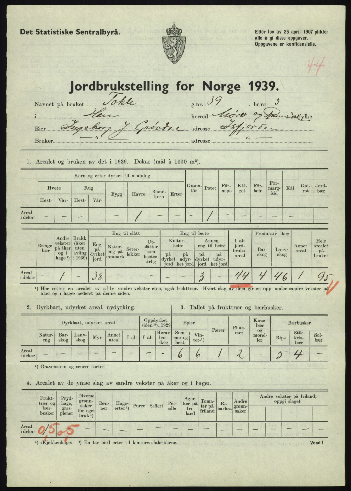 Statistisk sentralbyrå, Næringsøkonomiske emner, Jordbruk, skogbruk, jakt, fiske og fangst, AV/RA-S-2234/G/Gb/L0251: Møre og Romsdal: Voll, Eid, Grytten og Hen, 1939, p. 1305