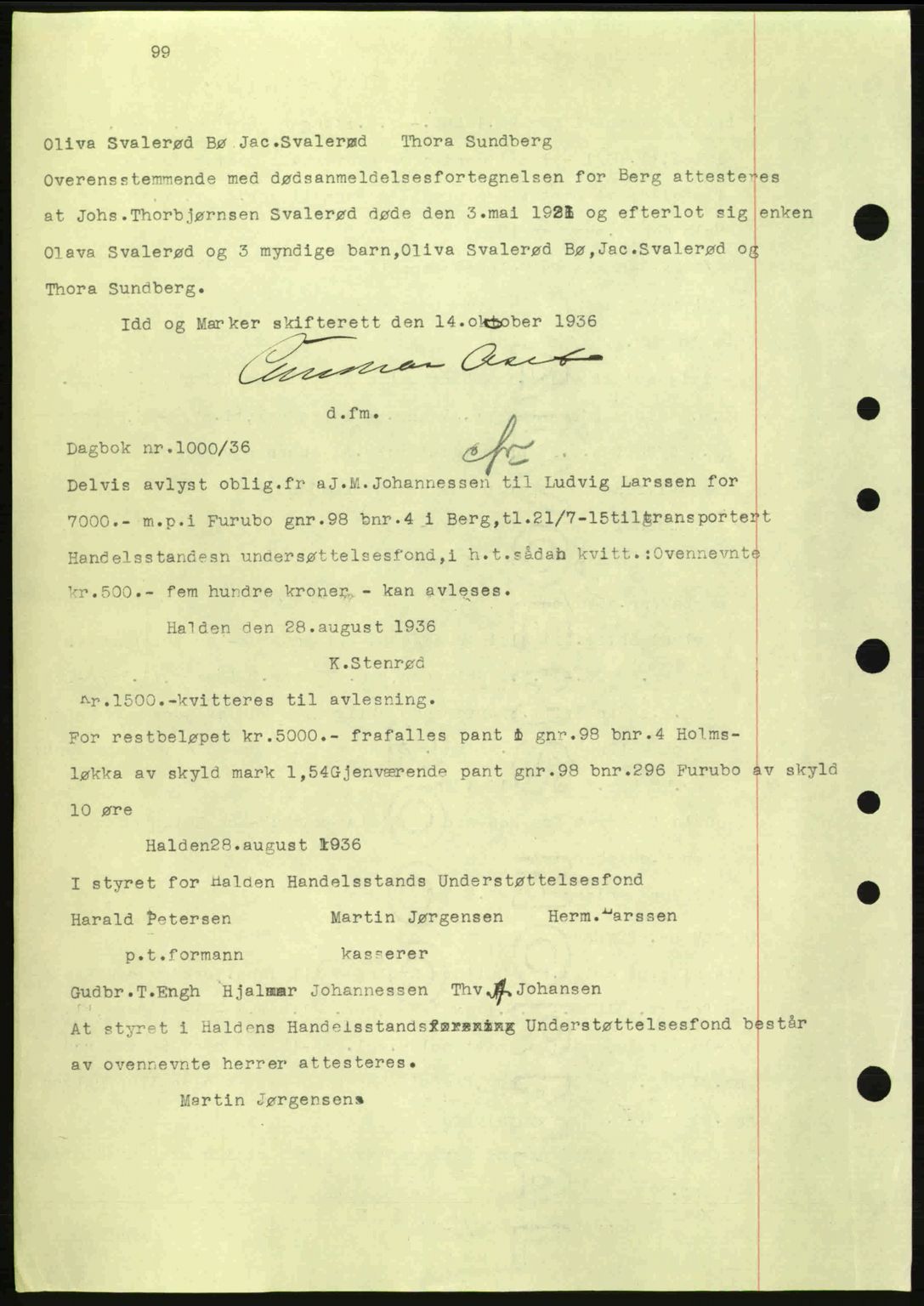 Idd og Marker sorenskriveri, AV/SAO-A-10283/G/Gb/Gbc/L0001: Mortgage book no. B1-3, 1936-1939, Diary no: : 1000/1936