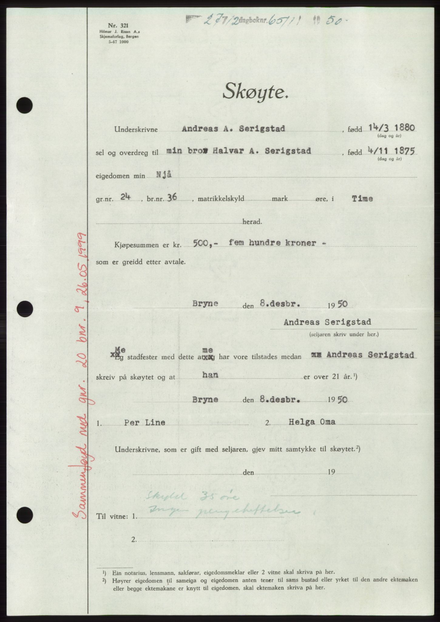 Jæren sorenskriveri, AV/SAST-A-100310/03/G/Gba/L0110: Mortgage book, 1950-1950, Diary no: : 6511/1950