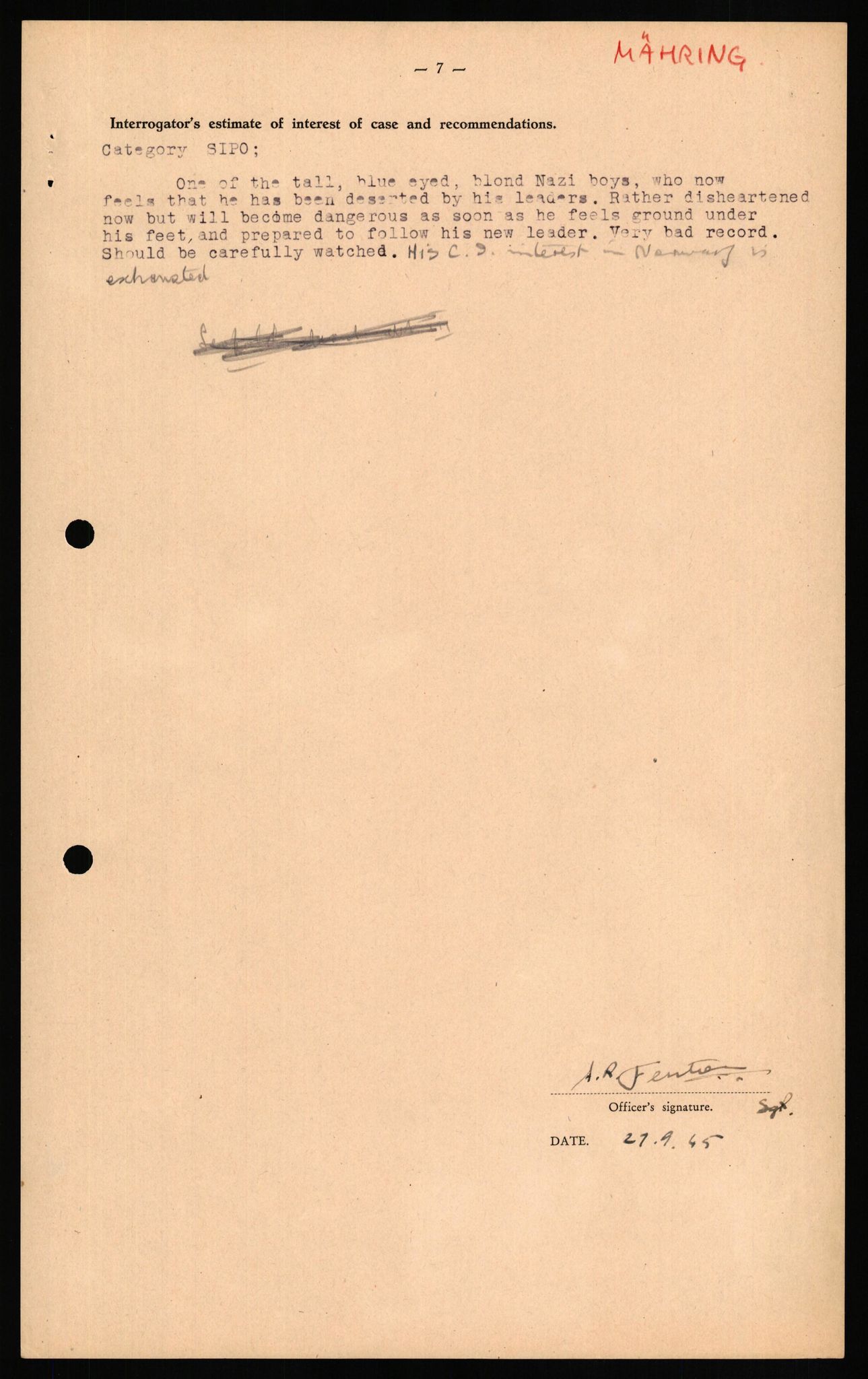 Forsvaret, Forsvarets overkommando II, RA/RAFA-3915/D/Db/L0023: CI Questionaires. Tyske okkupasjonsstyrker i Norge. Tyskere., 1945-1946, p. 338