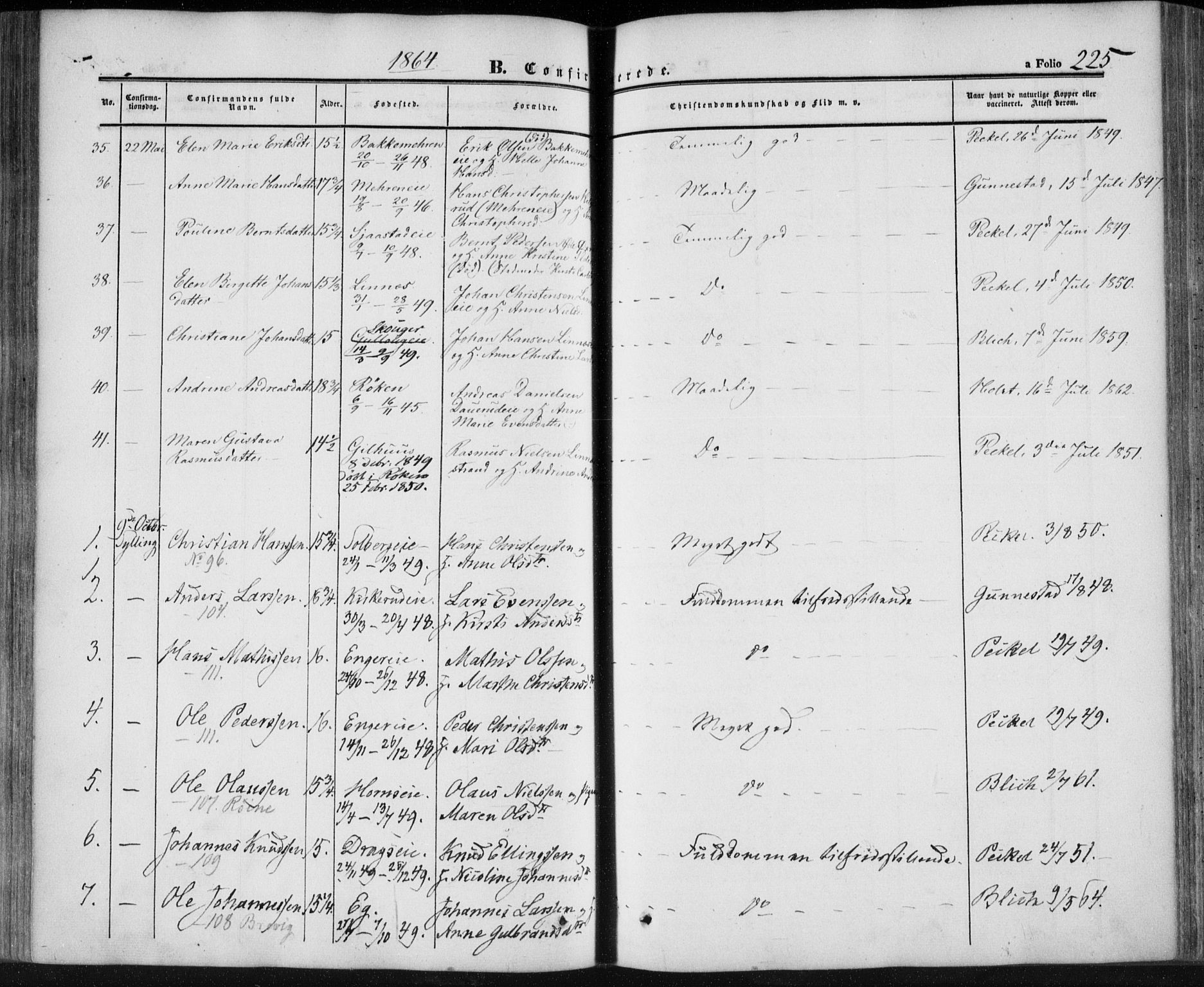 Lier kirkebøker, AV/SAKO-A-230/F/Fa/L0012: Parish register (official) no. I 12, 1854-1864, p. 225