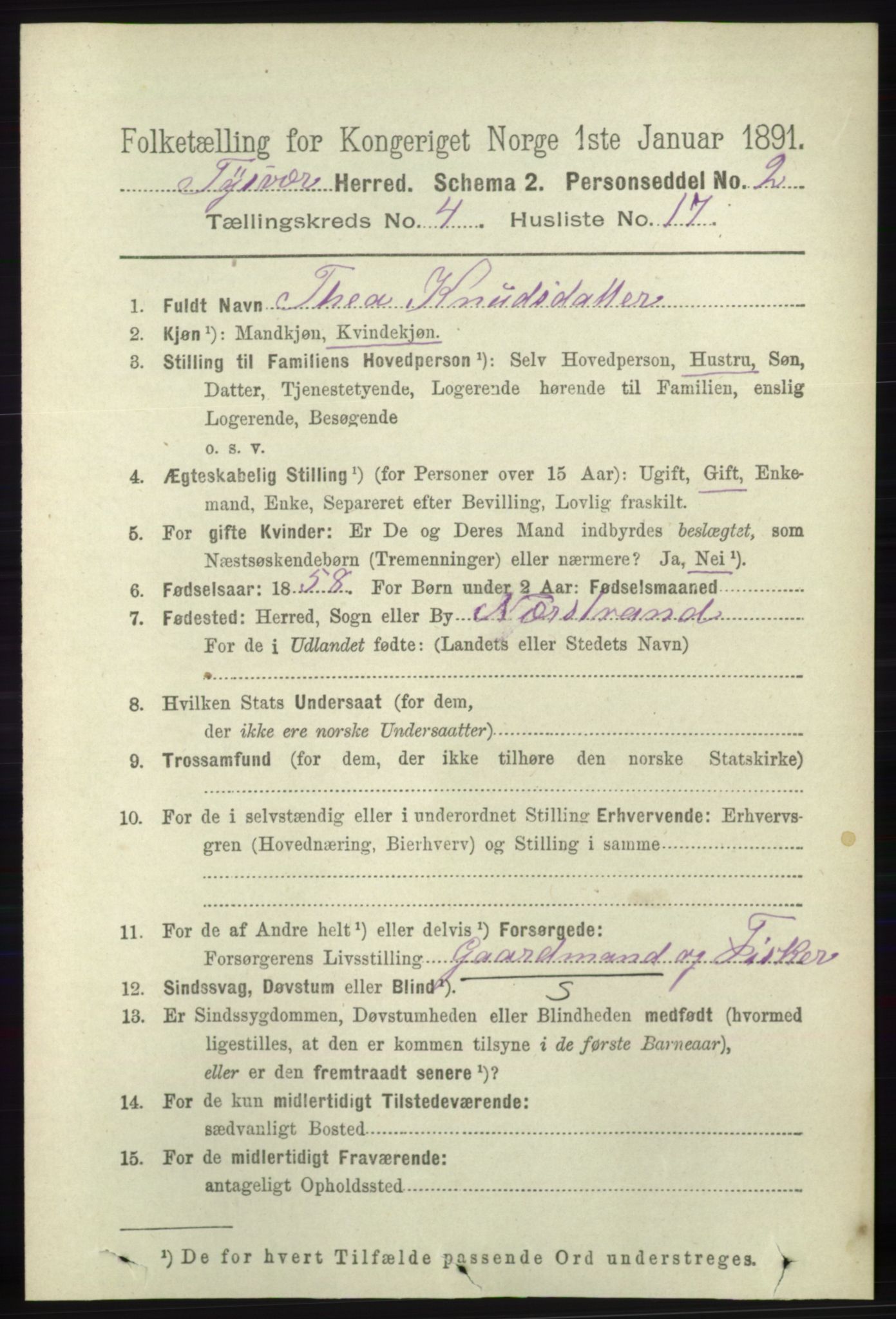 RA, 1891 census for 1146 Tysvær, 1891, p. 1608