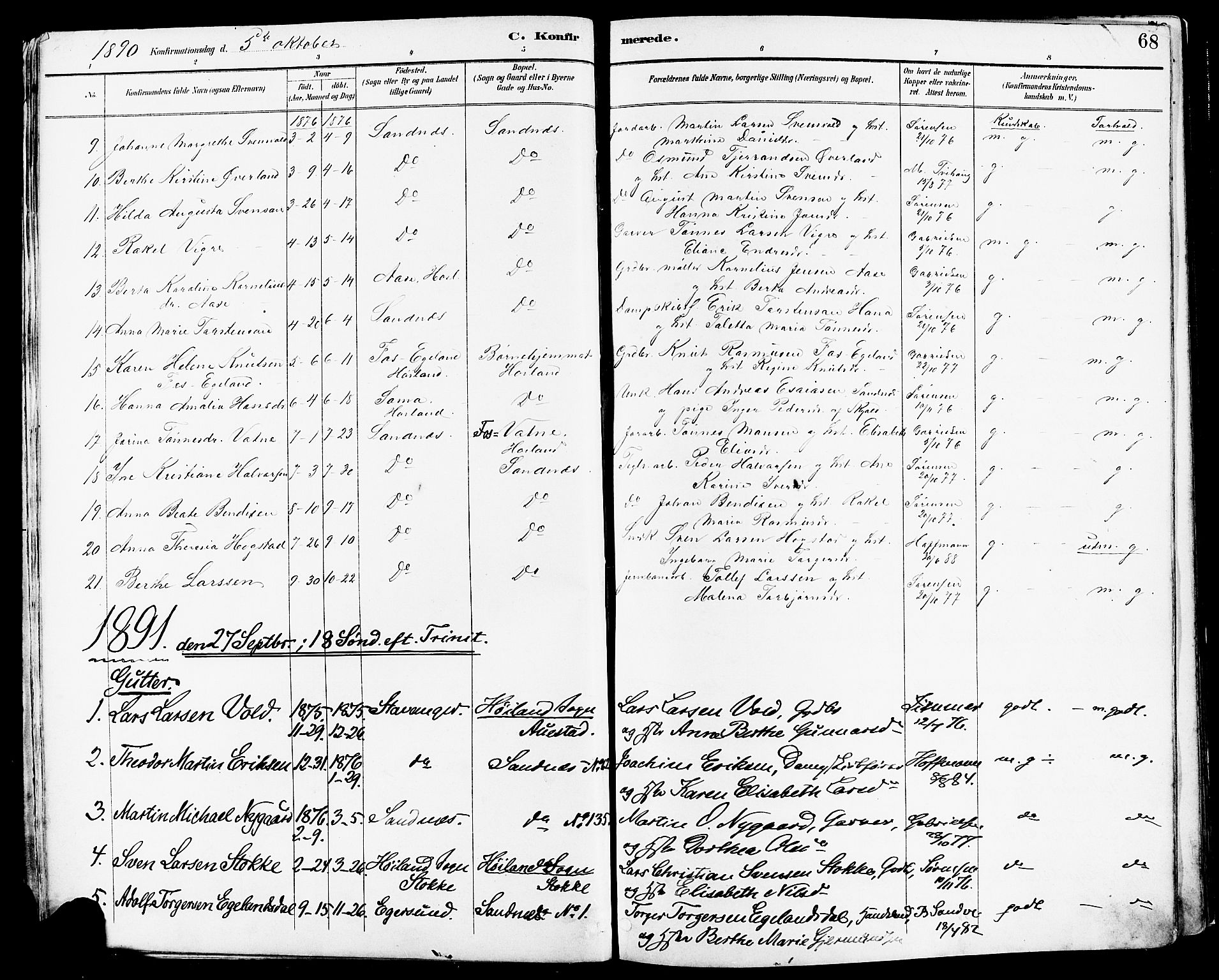 Høyland sokneprestkontor, SAST/A-101799/001/30BA/L0014: Parish register (official) no. A 12, 1890-1898, p. 68
