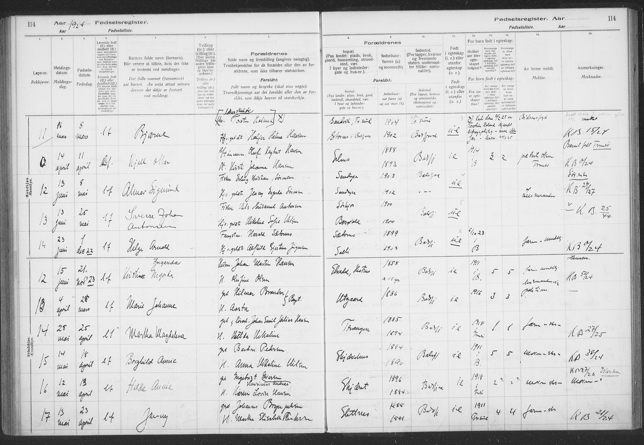 Balsfjord sokneprestembete, SATØ/S-1303/H/Hb/L0059: Birth register no. 59, 1916-1930, p. 114