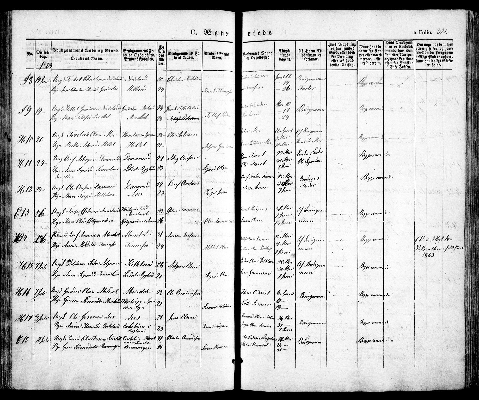 Evje sokneprestkontor, AV/SAK-1111-0008/F/Fa/Faa/L0005: Parish register (official) no. A 5, 1843-1865, p. 321