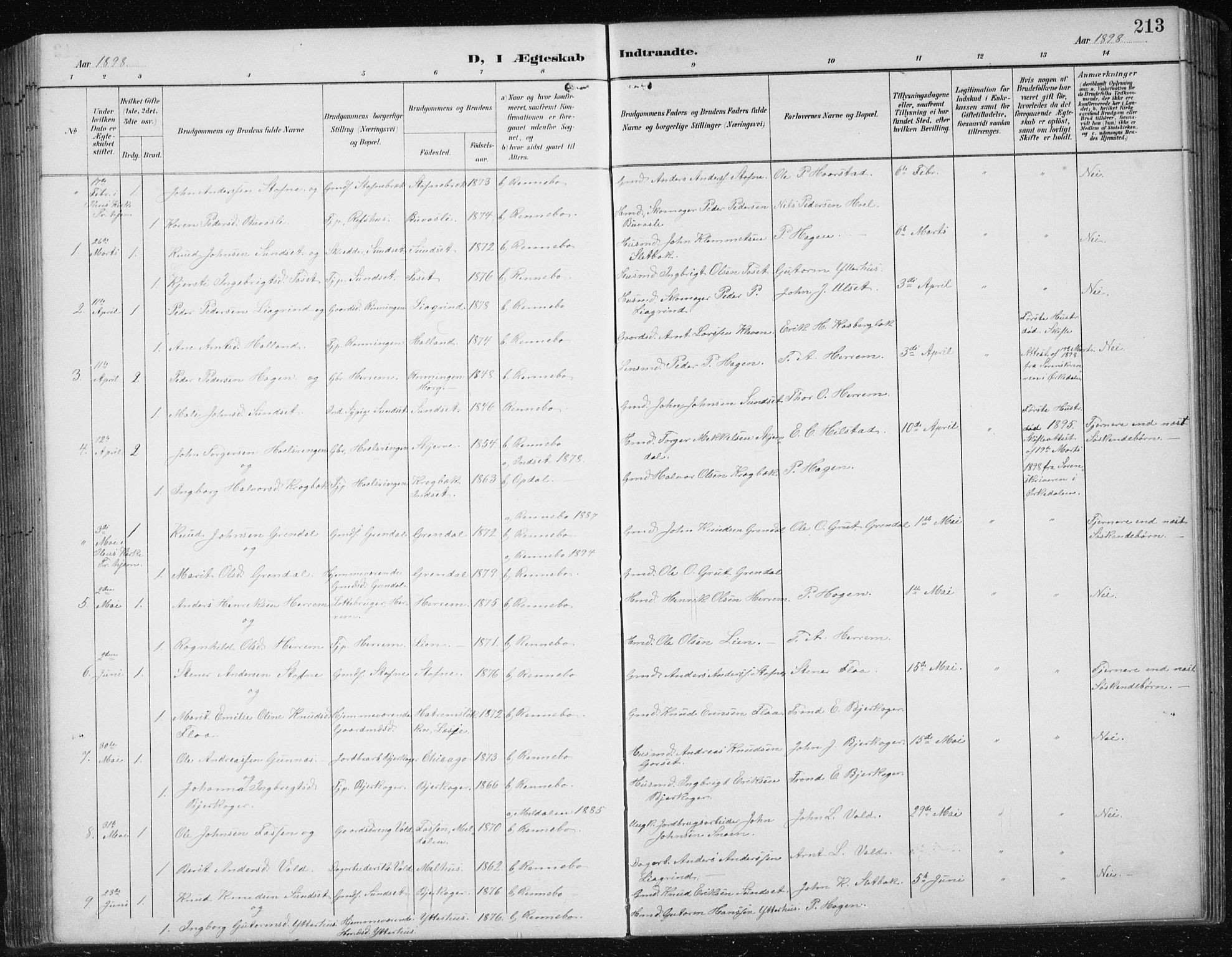 Ministerialprotokoller, klokkerbøker og fødselsregistre - Sør-Trøndelag, SAT/A-1456/674/L0876: Parish register (copy) no. 674C03, 1892-1912, p. 213