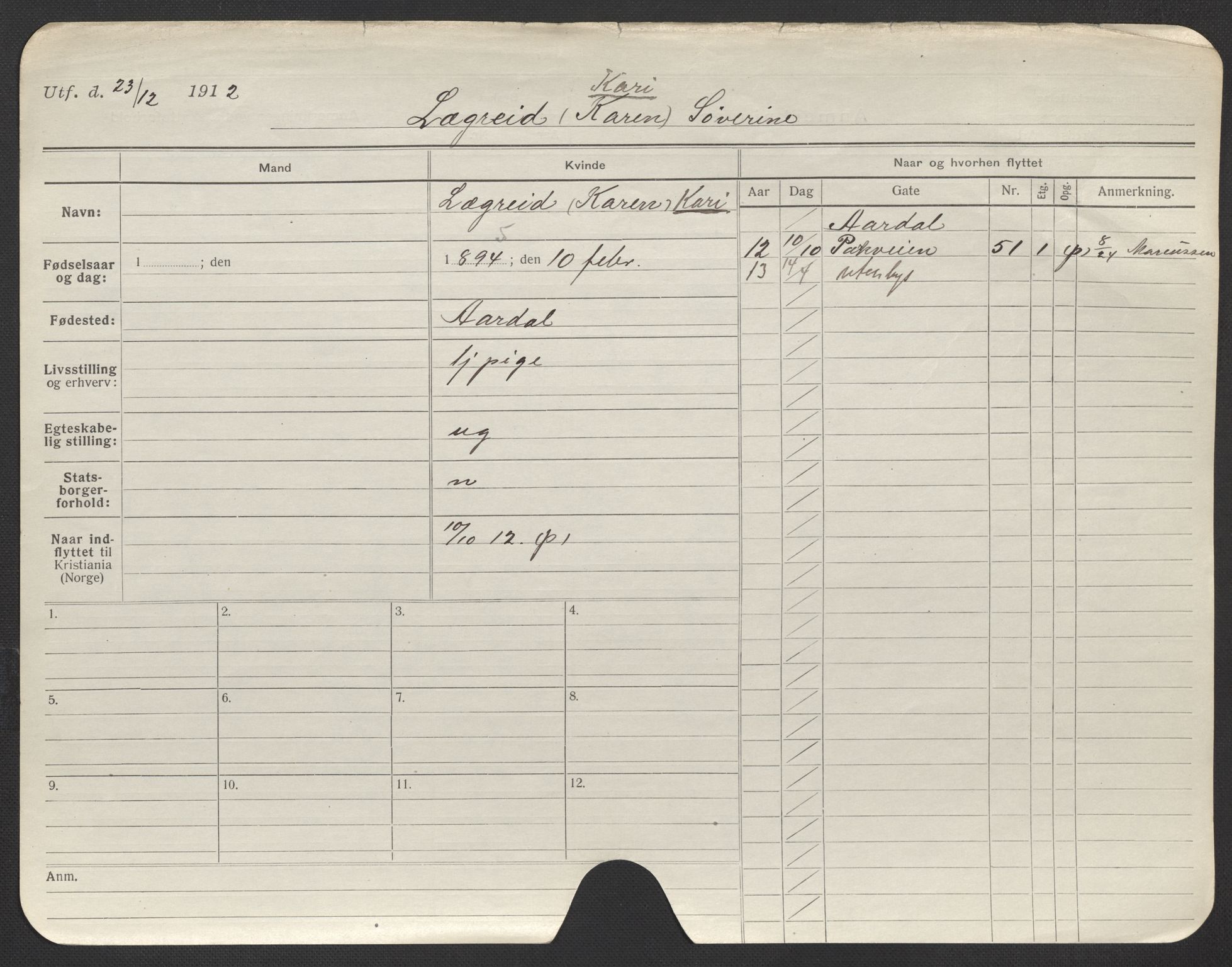 Oslo folkeregister, Registerkort, AV/SAO-A-11715/F/Fa/Fac/L0020: Kvinner, 1906-1914, p. 6a