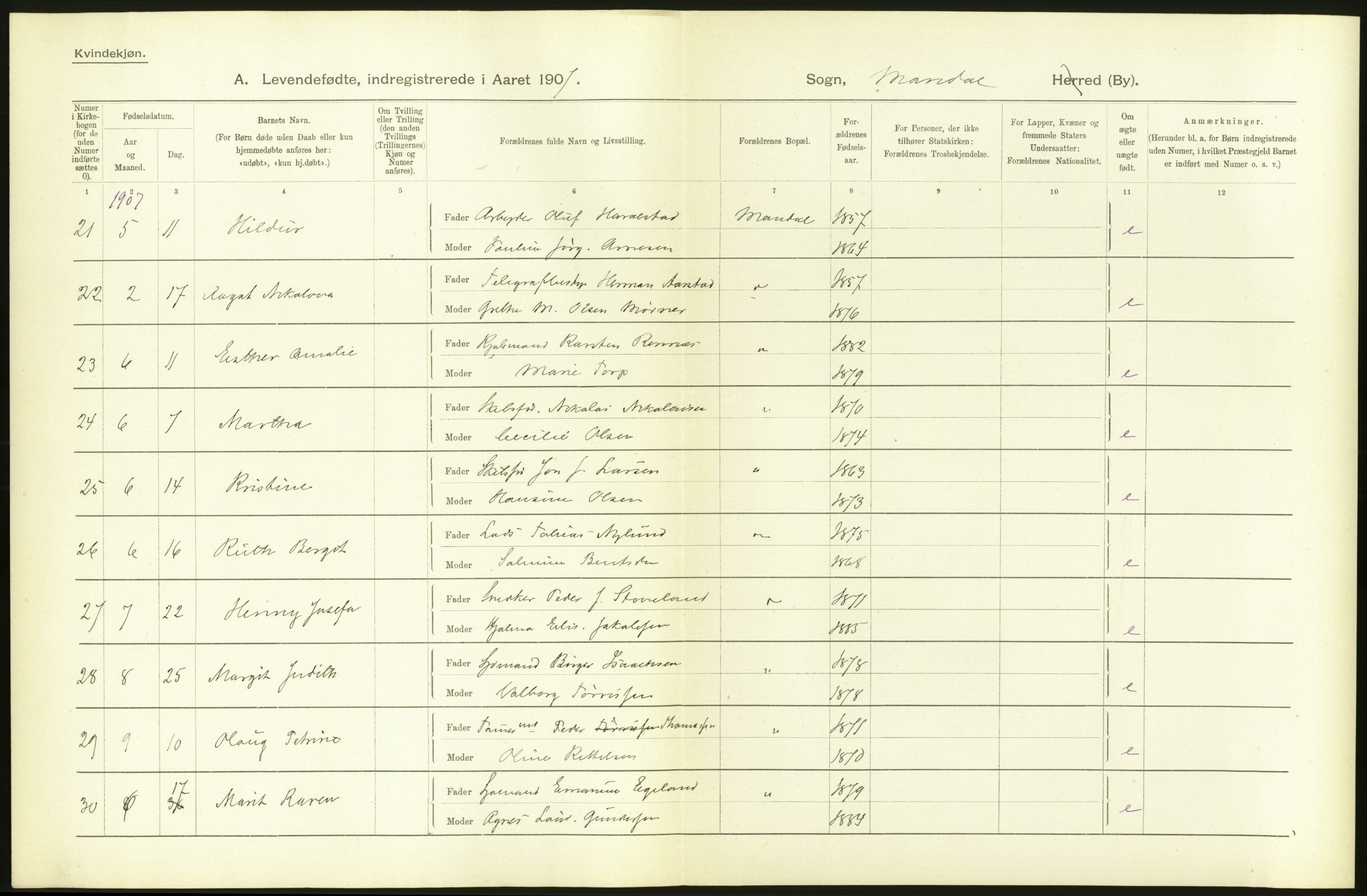 Statistisk sentralbyrå, Sosiodemografiske emner, Befolkning, AV/RA-S-2228/D/Df/Dfa/Dfae/L0022: Lister og Mandals amt: Levendefødte menn og kvinner. Bygder og byer., 1907, p. 38