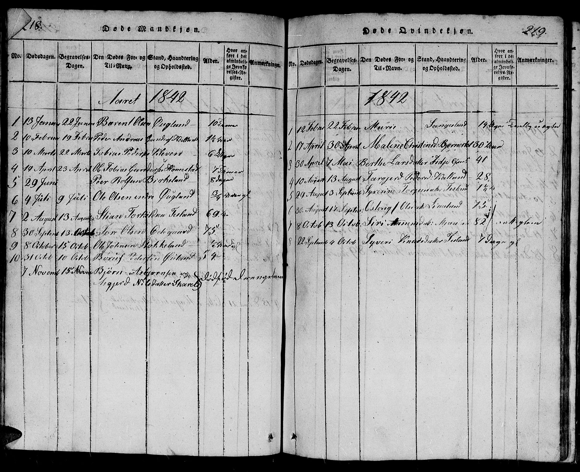 Holum sokneprestkontor, SAK/1111-0022/F/Fb/Fbb/L0001: Parish register (copy) no. B 1, 1820-1847, p. 218-219