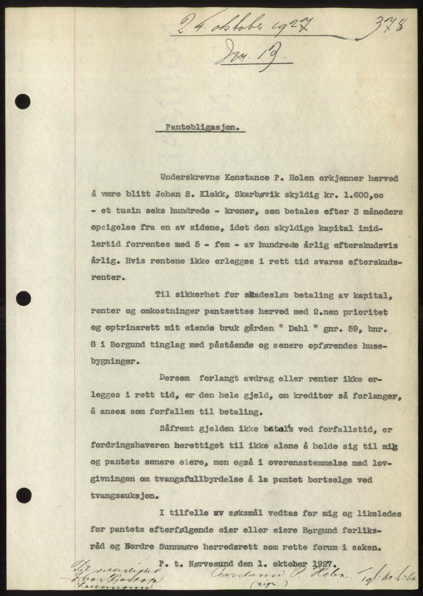 Nordre Sunnmøre sorenskriveri, AV/SAT-A-0006/1/2/2C/2Ca/L0037: Mortgage book no. 40, 1927-1927, Deed date: 24.10.1927