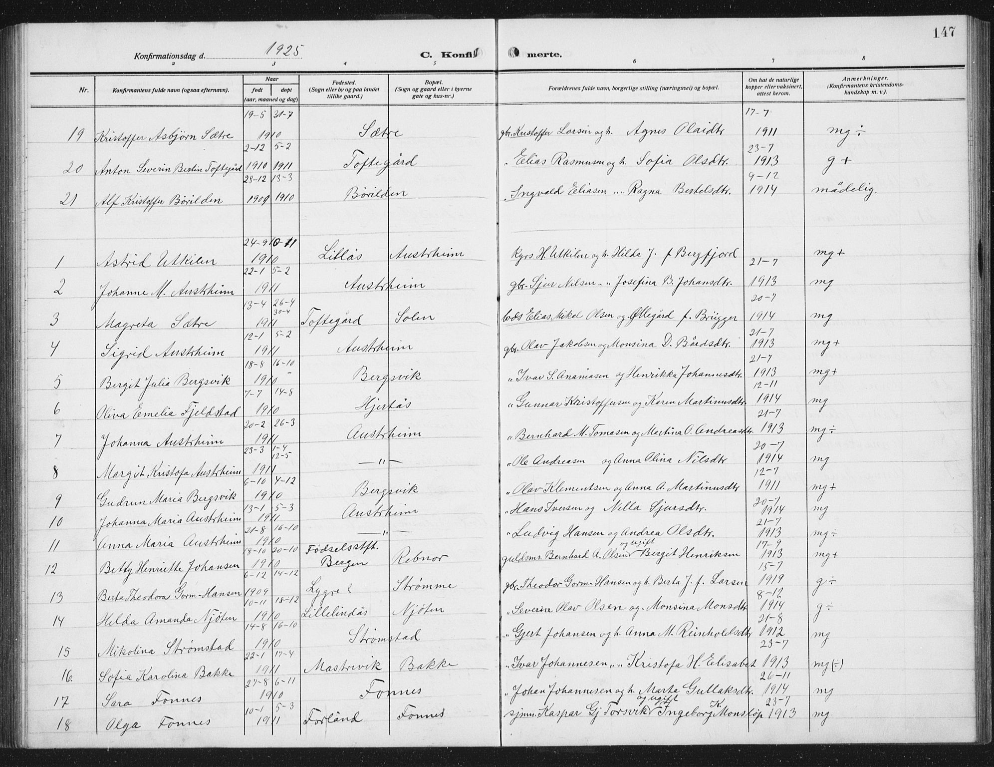 Lindås Sokneprestembete, AV/SAB-A-76701/H/Hab/Habc/L0005: Parish register (copy) no. C 5, 1910-1927, p. 147