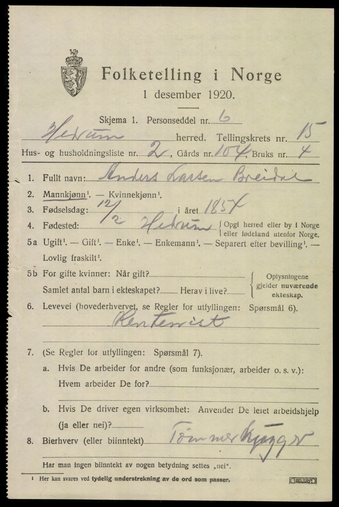 SAKO, 1920 census for Hedrum, 1920, p. 9911