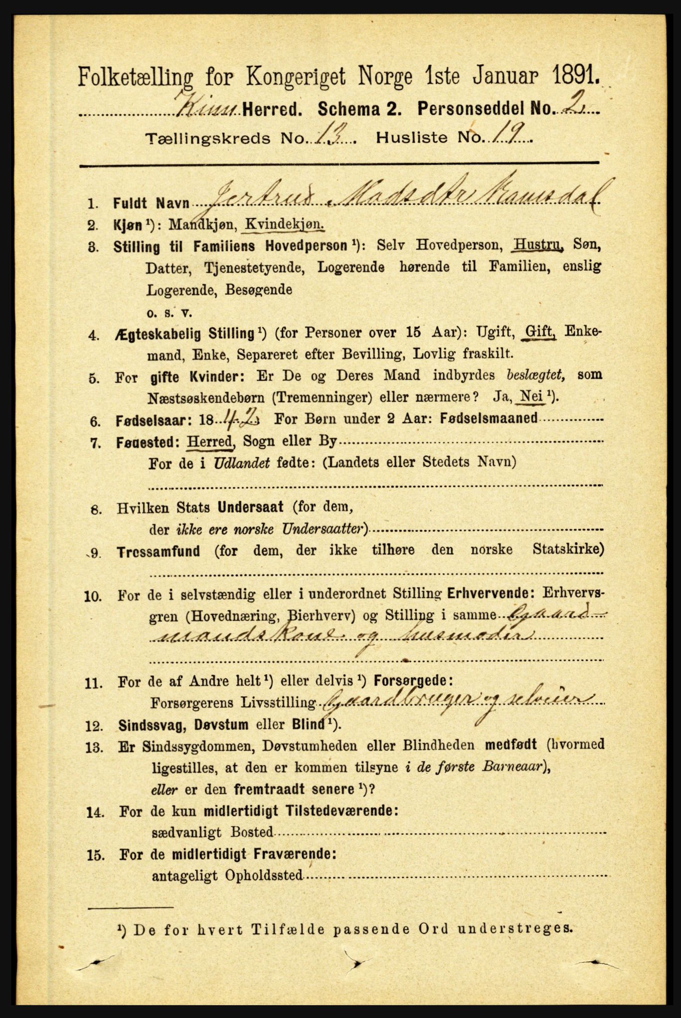 RA, 1891 census for 1437 Kinn, 1891, p. 5188