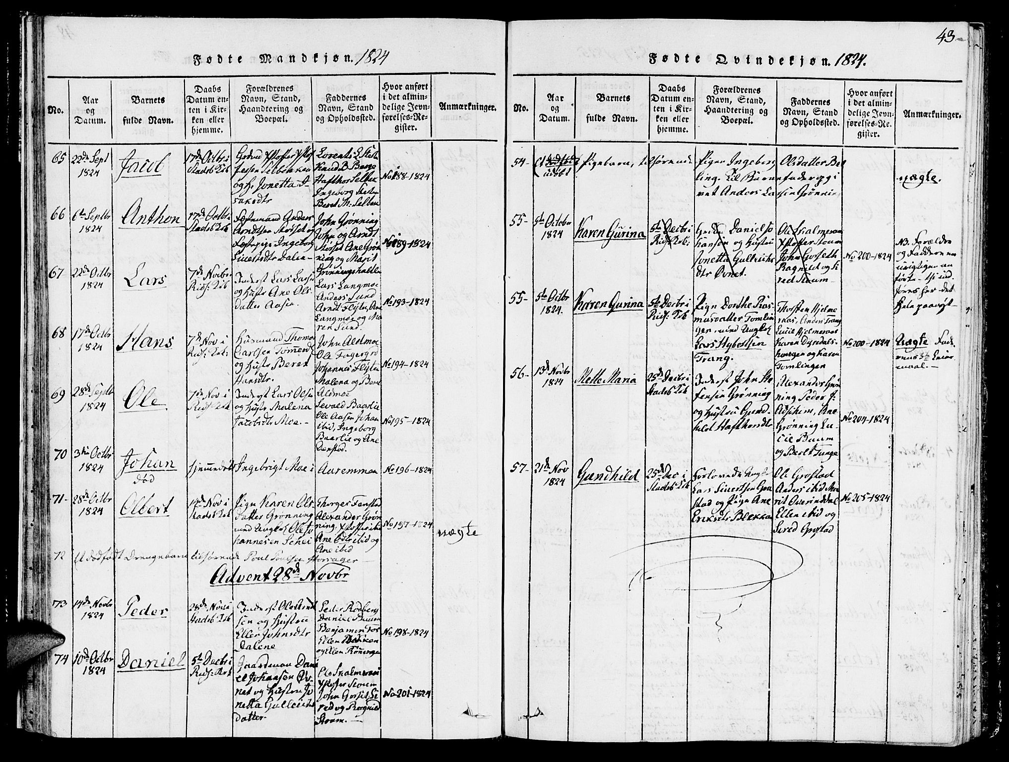 Ministerialprotokoller, klokkerbøker og fødselsregistre - Sør-Trøndelag, SAT/A-1456/646/L0608: Parish register (official) no. 646A06, 1816-1825, p. 43