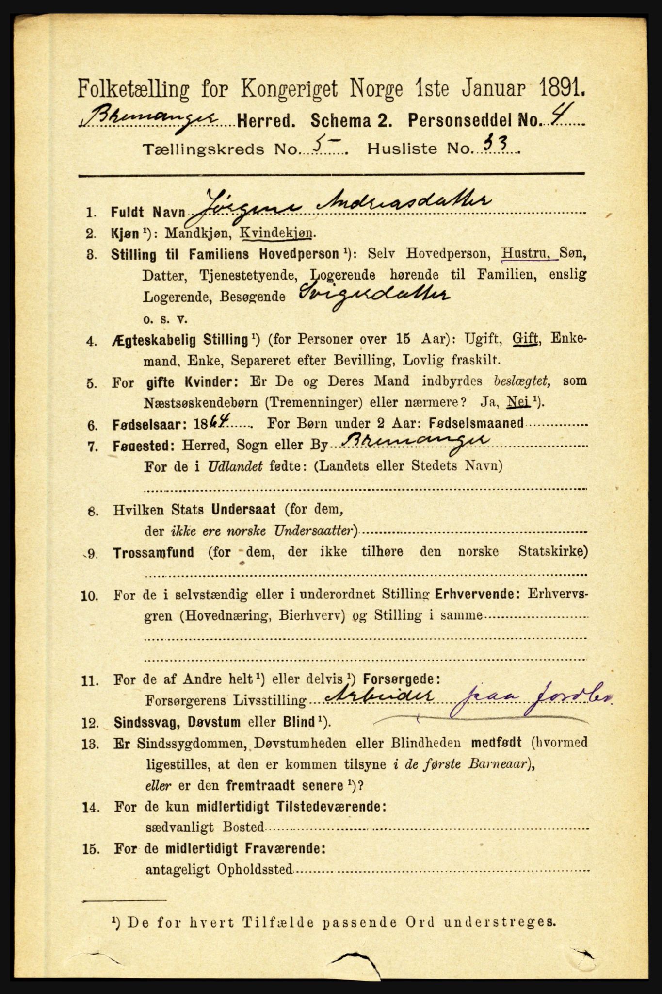 RA, 1891 census for 1438 Bremanger, 1891, p. 2318