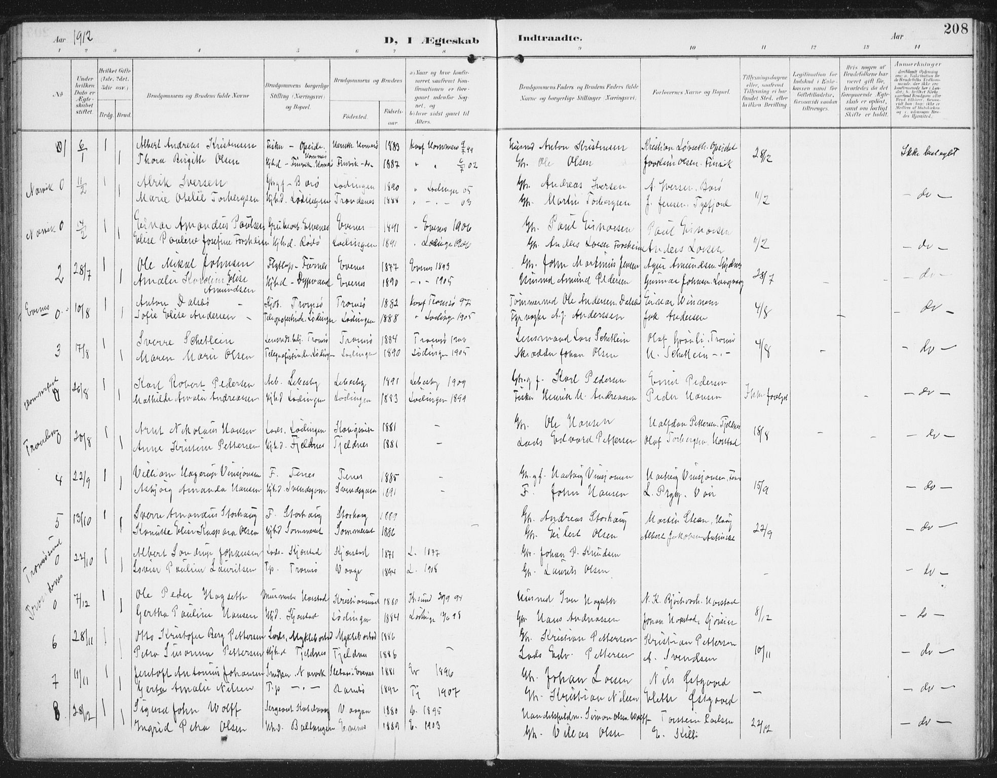 Ministerialprotokoller, klokkerbøker og fødselsregistre - Nordland, AV/SAT-A-1459/872/L1036: Parish register (official) no. 872A11, 1897-1913, p. 208