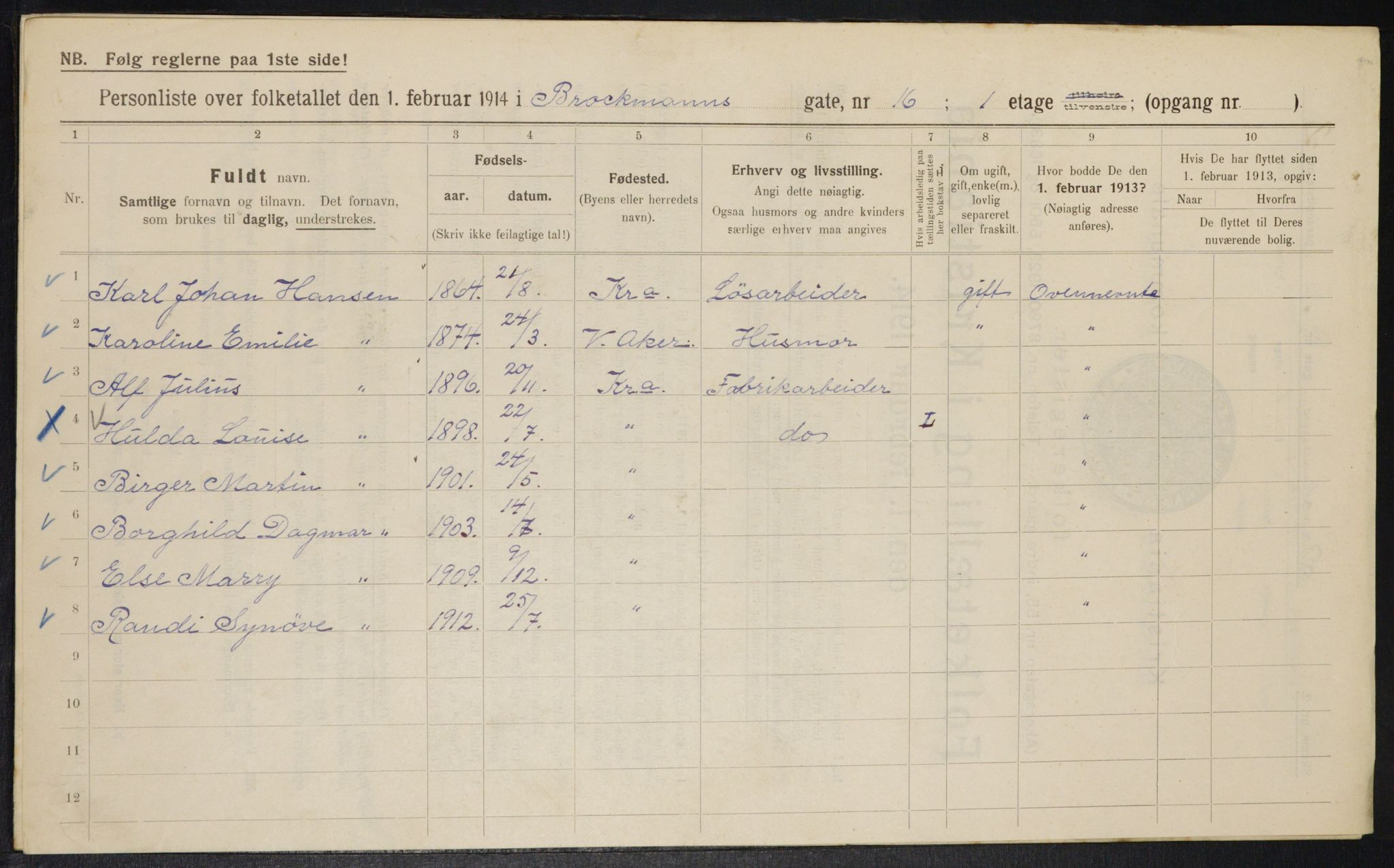 OBA, Municipal Census 1914 for Kristiania, 1914, p. 9685