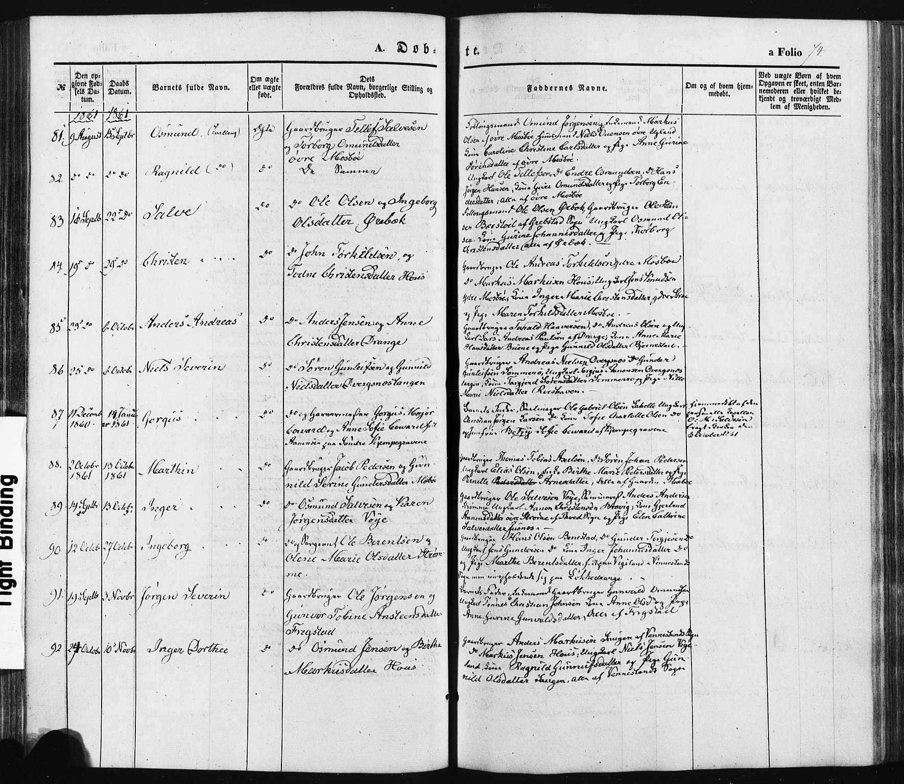 Oddernes sokneprestkontor, SAK/1111-0033/F/Fa/Faa/L0007: Parish register (official) no. A 7, 1851-1863, p. 74