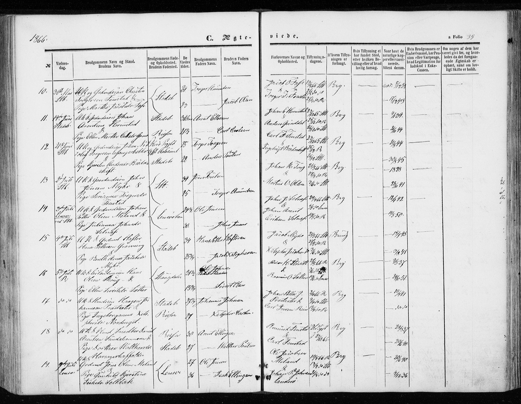 Ministerialprotokoller, klokkerbøker og fødselsregistre - Sør-Trøndelag, SAT/A-1456/646/L0612: Parish register (official) no. 646A10, 1858-1869, p. 39