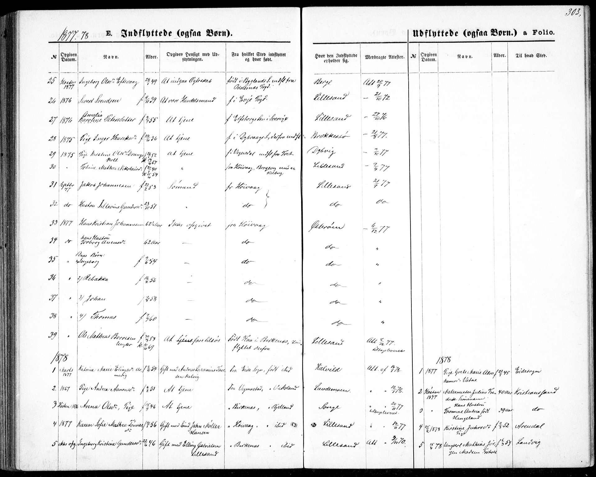 Vestre Moland sokneprestkontor, AV/SAK-1111-0046/F/Fb/Fbb/L0005: Parish register (copy) no. B 5, 1872-1883, p. 303