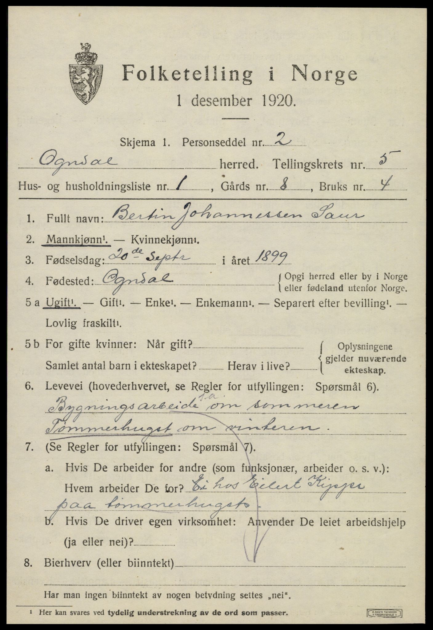 SAT, 1920 census for Ogndal, 1920, p. 1947