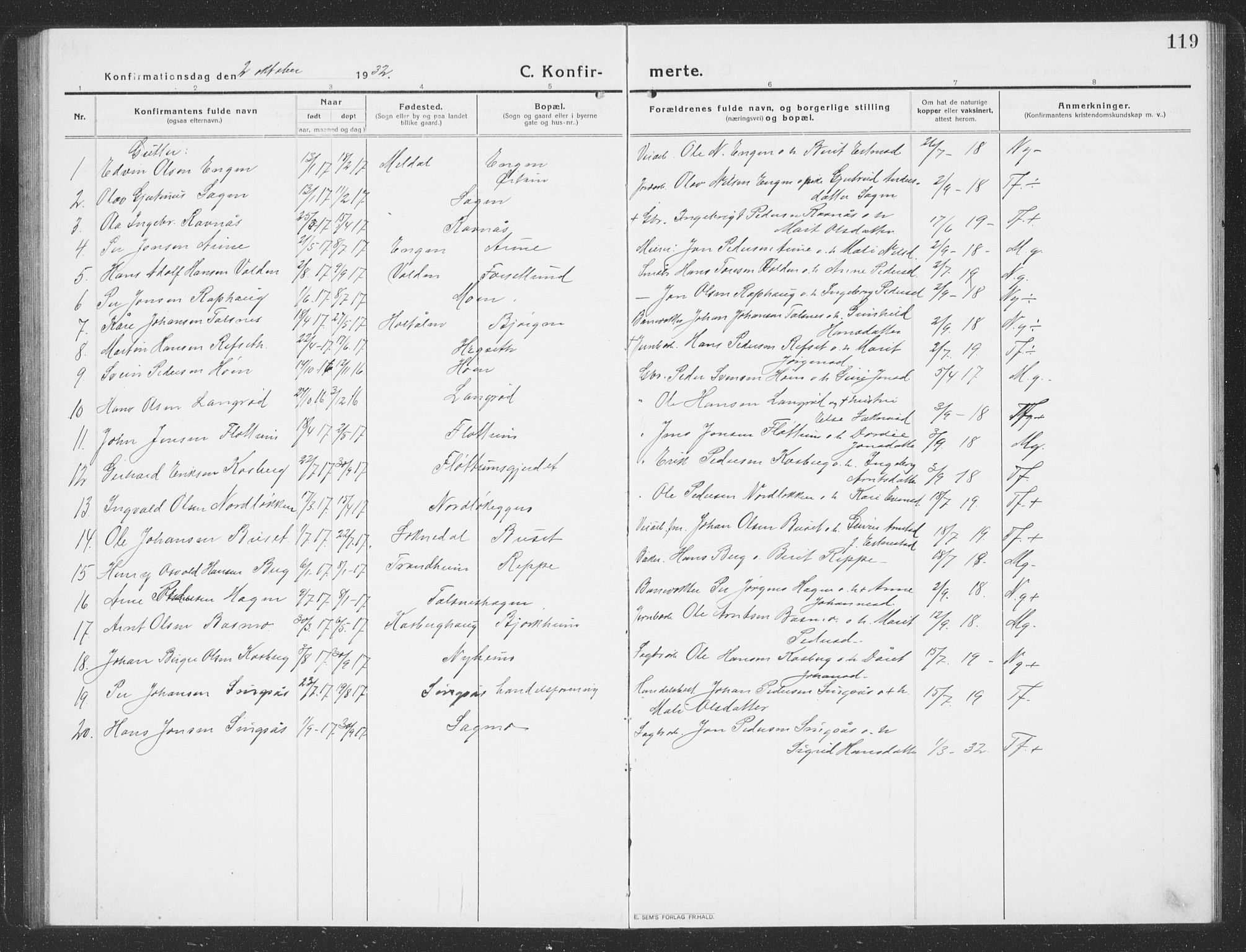 Ministerialprotokoller, klokkerbøker og fødselsregistre - Sør-Trøndelag, SAT/A-1456/688/L1030: Parish register (copy) no. 688C05, 1916-1939, p. 119