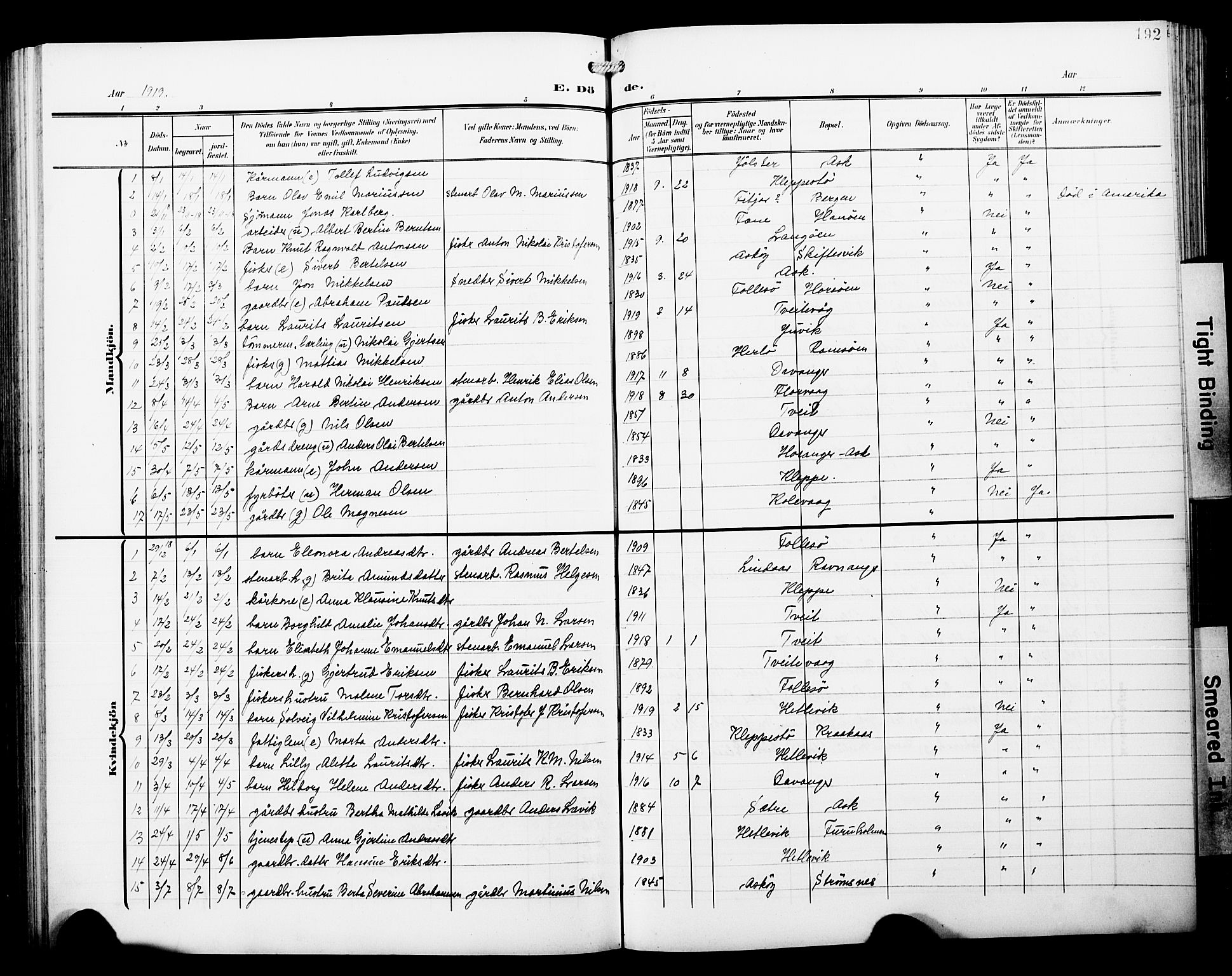 Askøy Sokneprestembete, SAB/A-74101/H/Ha/Hab/Haba/L0014: Parish register (copy) no. A 14, 1904-1927, p. 192