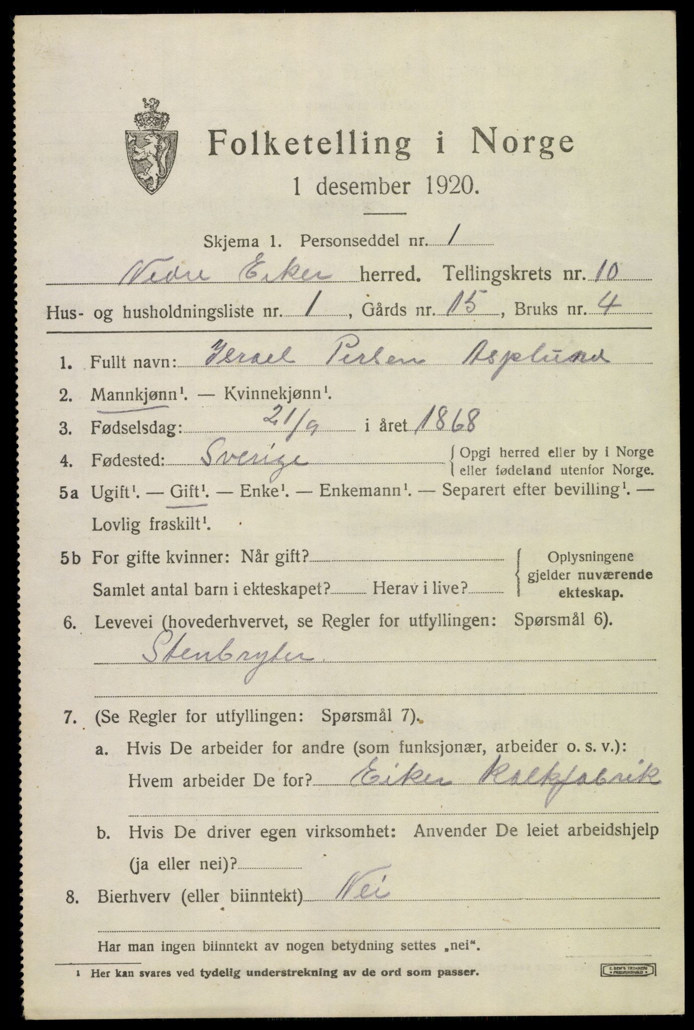 SAKO, 1920 census for Nedre Eiker, 1920, p. 9893