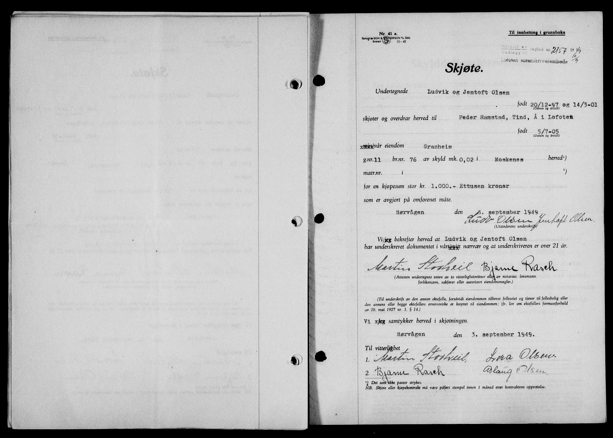 Lofoten sorenskriveri, SAT/A-0017/1/2/2C/L0021a: Mortgage book no. 21a, 1949-1949, Diary no: : 2157/1949