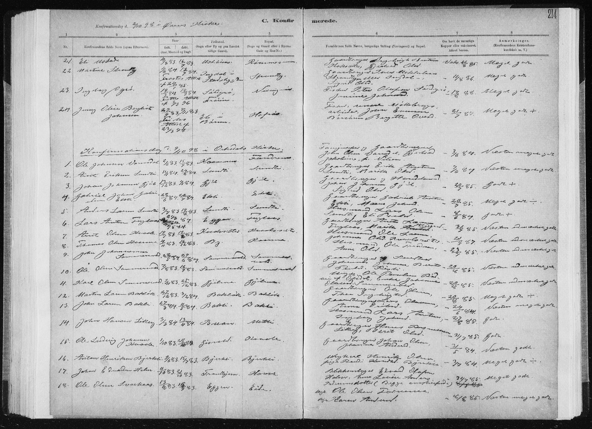 Ministerialprotokoller, klokkerbøker og fødselsregistre - Sør-Trøndelag, SAT/A-1456/668/L0818: Parish register (copy) no. 668C07, 1885-1898, p. 214