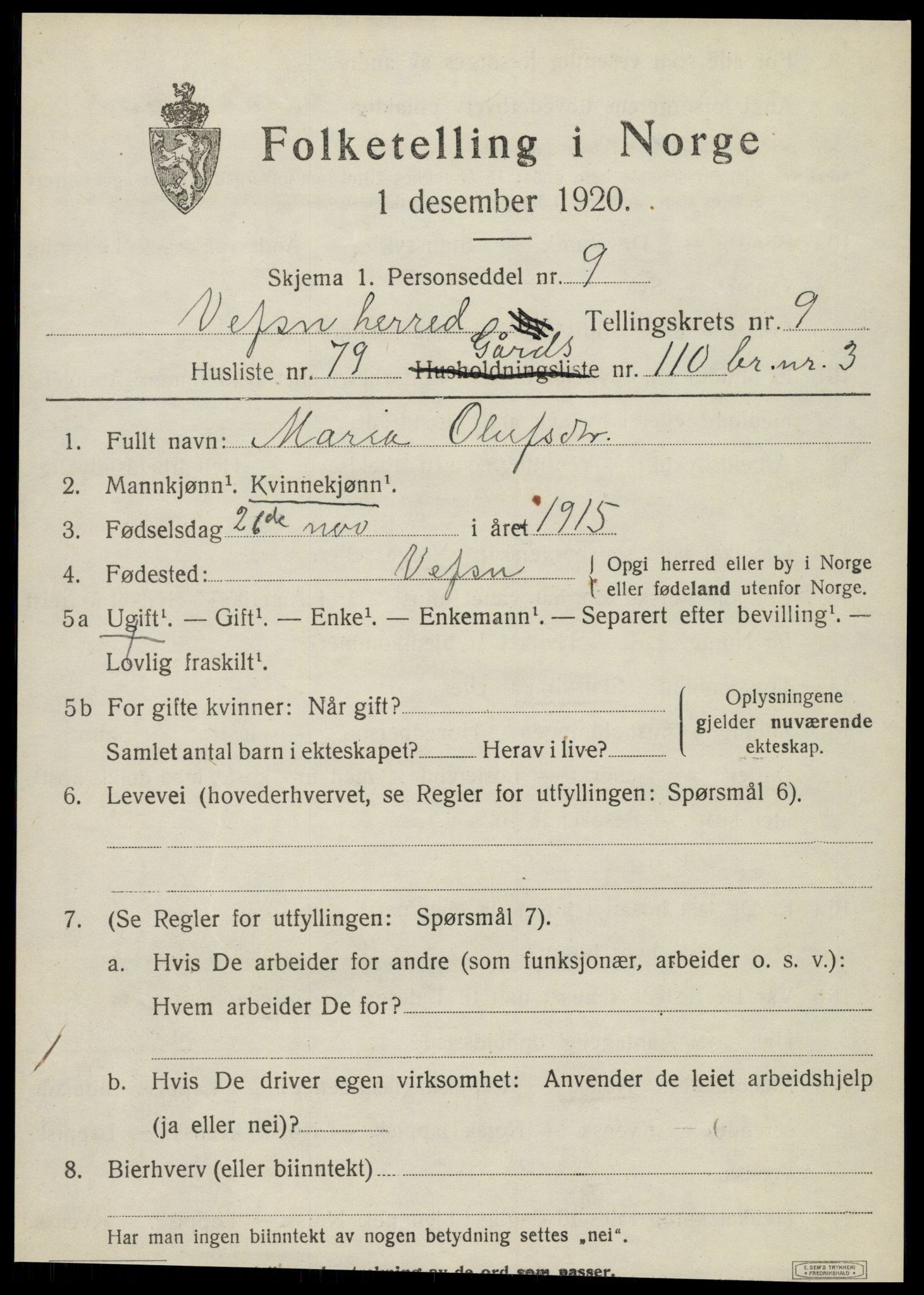 SAT, 1920 census for Vefsn, 1920, p. 6881