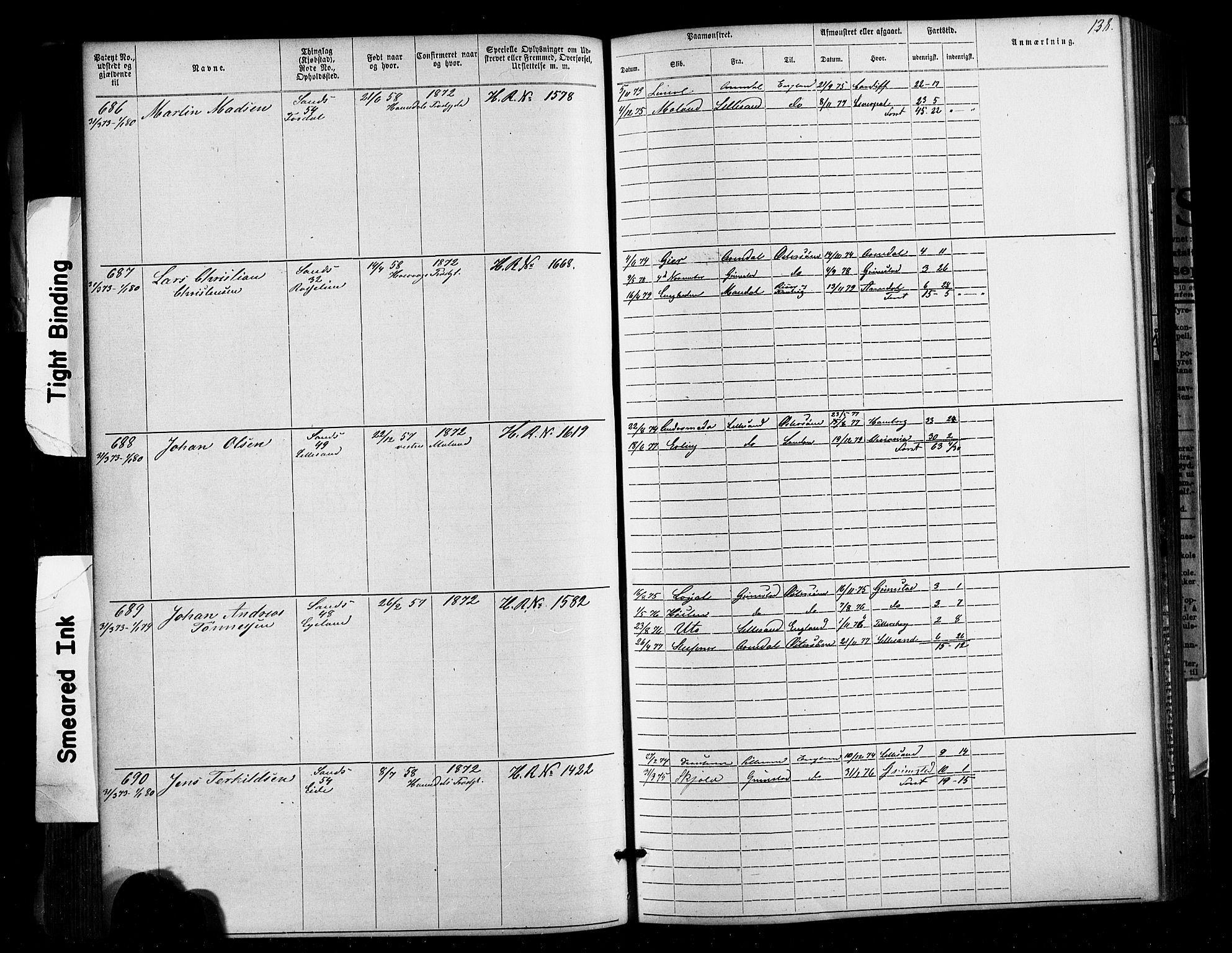 Lillesand mønstringskrets, SAK/2031-0014/F/Fa/L0002: Annotasjonsrulle nr 1-1910 med register, W-8, 1868-1891, p. 142