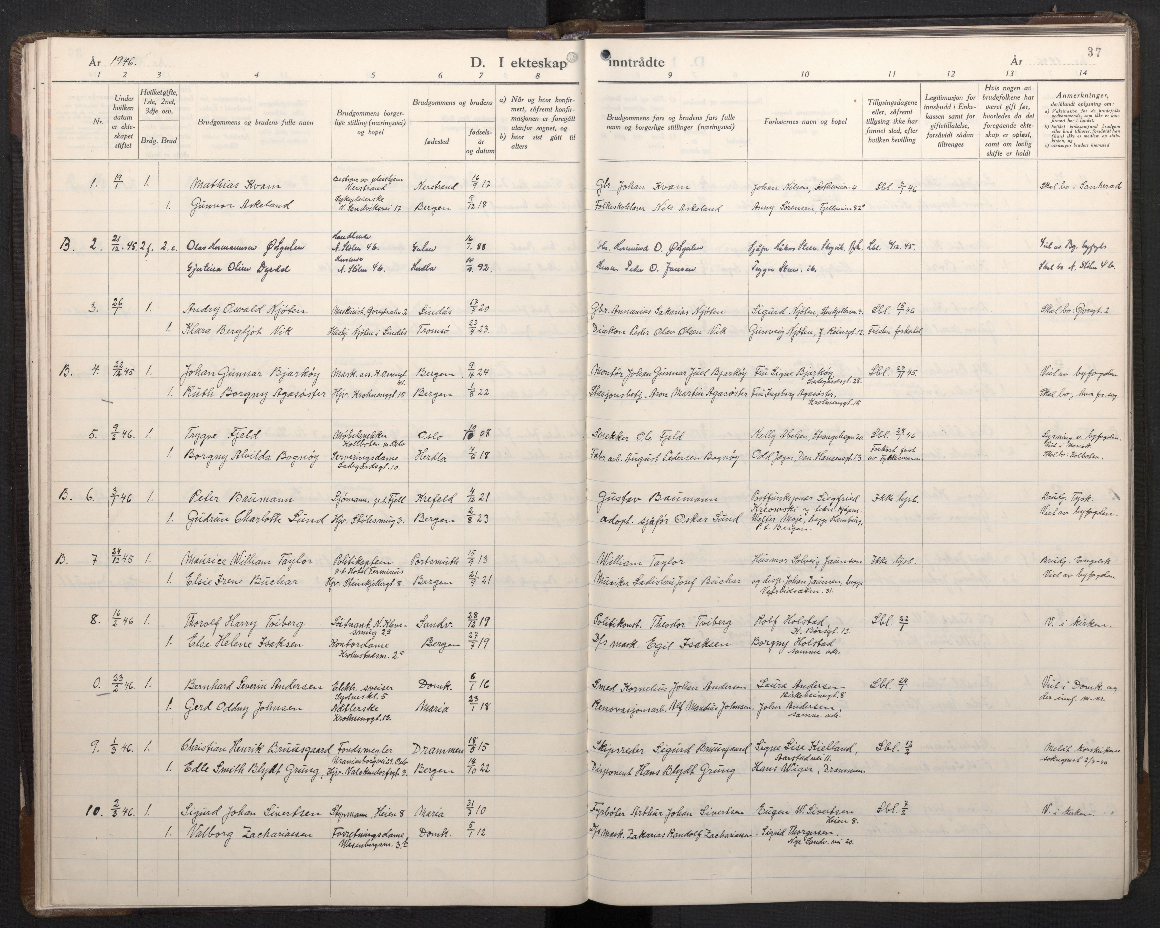 Mariakirken Sokneprestembete, SAB/A-76901/H/Haa/L0019: Parish register (official) no. D 1, 1939-1963, p. 36b-37a