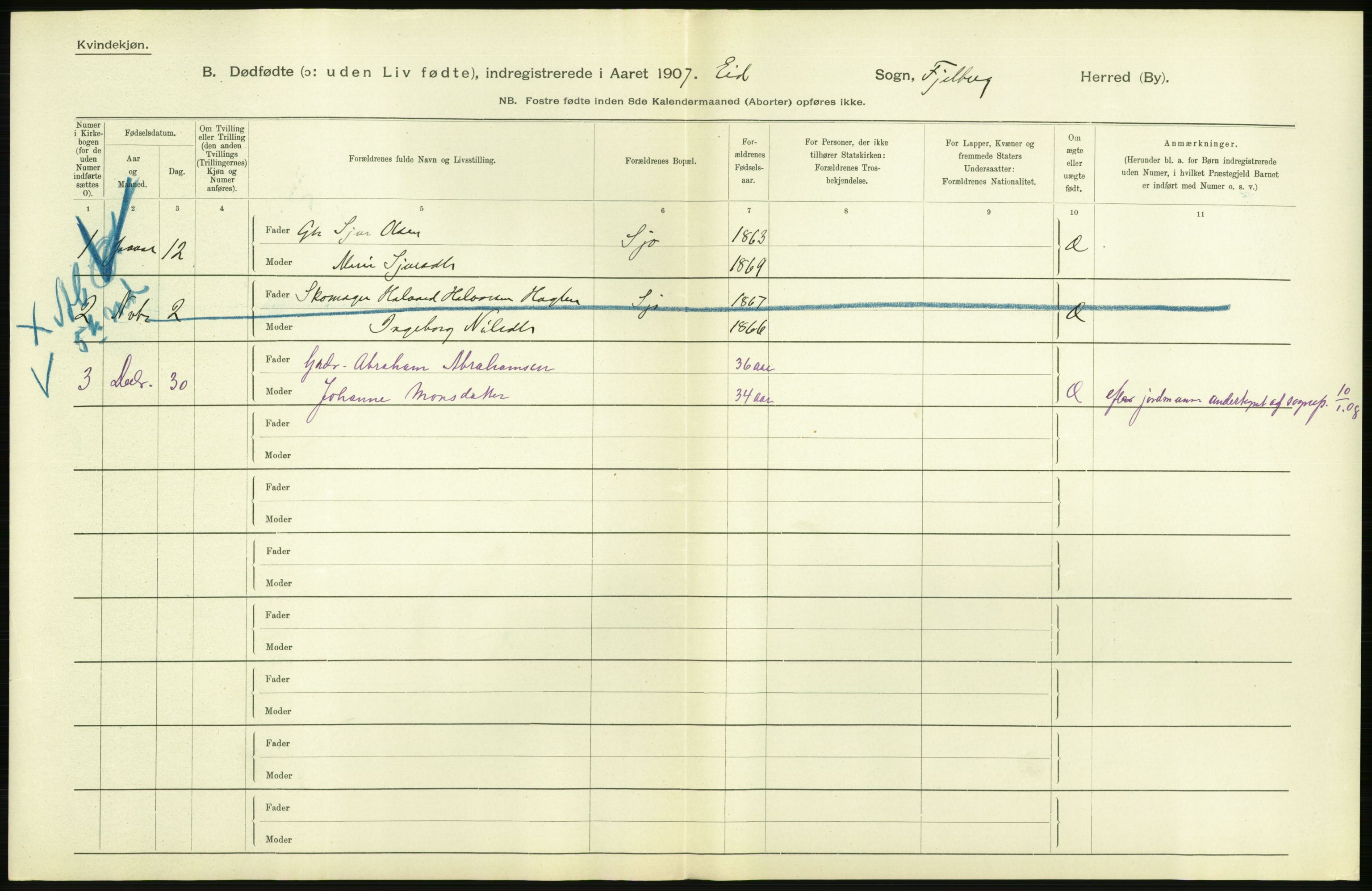 Statistisk sentralbyrå, Sosiodemografiske emner, Befolkning, RA/S-2228/D/Df/Dfa/Dfae/L0029: S. Bergenhus amt: Gifte, dødfødte. Bygder., 1907, p. 312