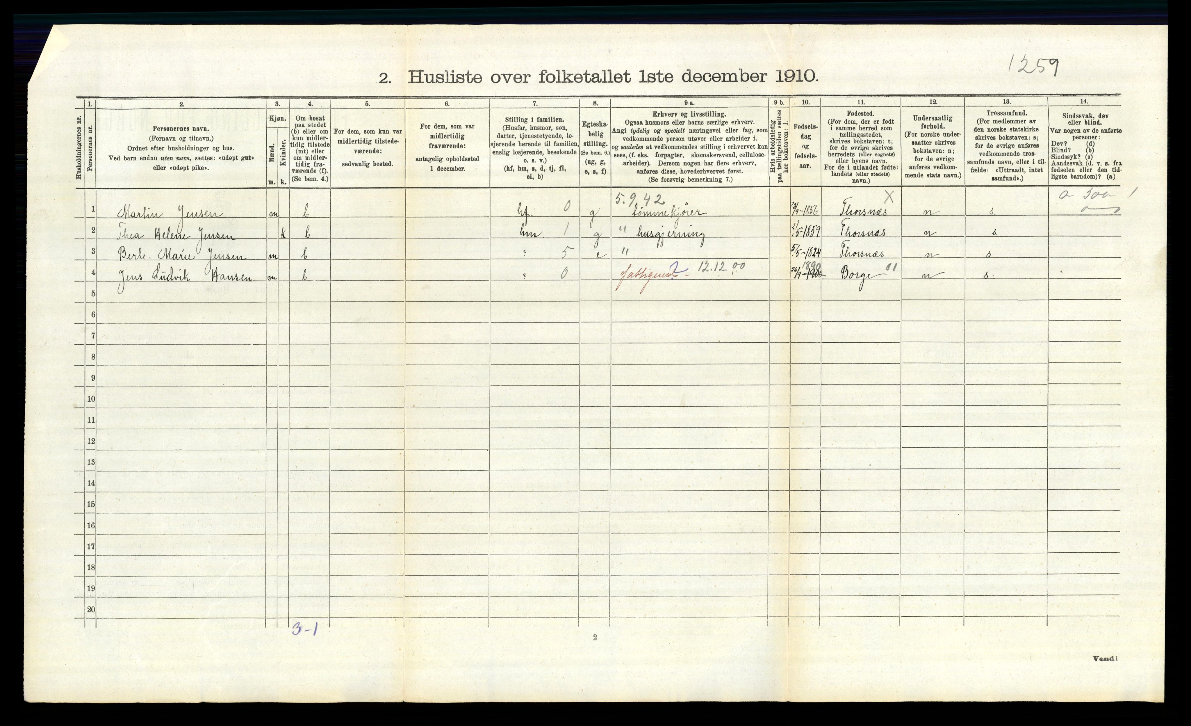 RA, 1910 census for Torsnes, 1910, p. 279