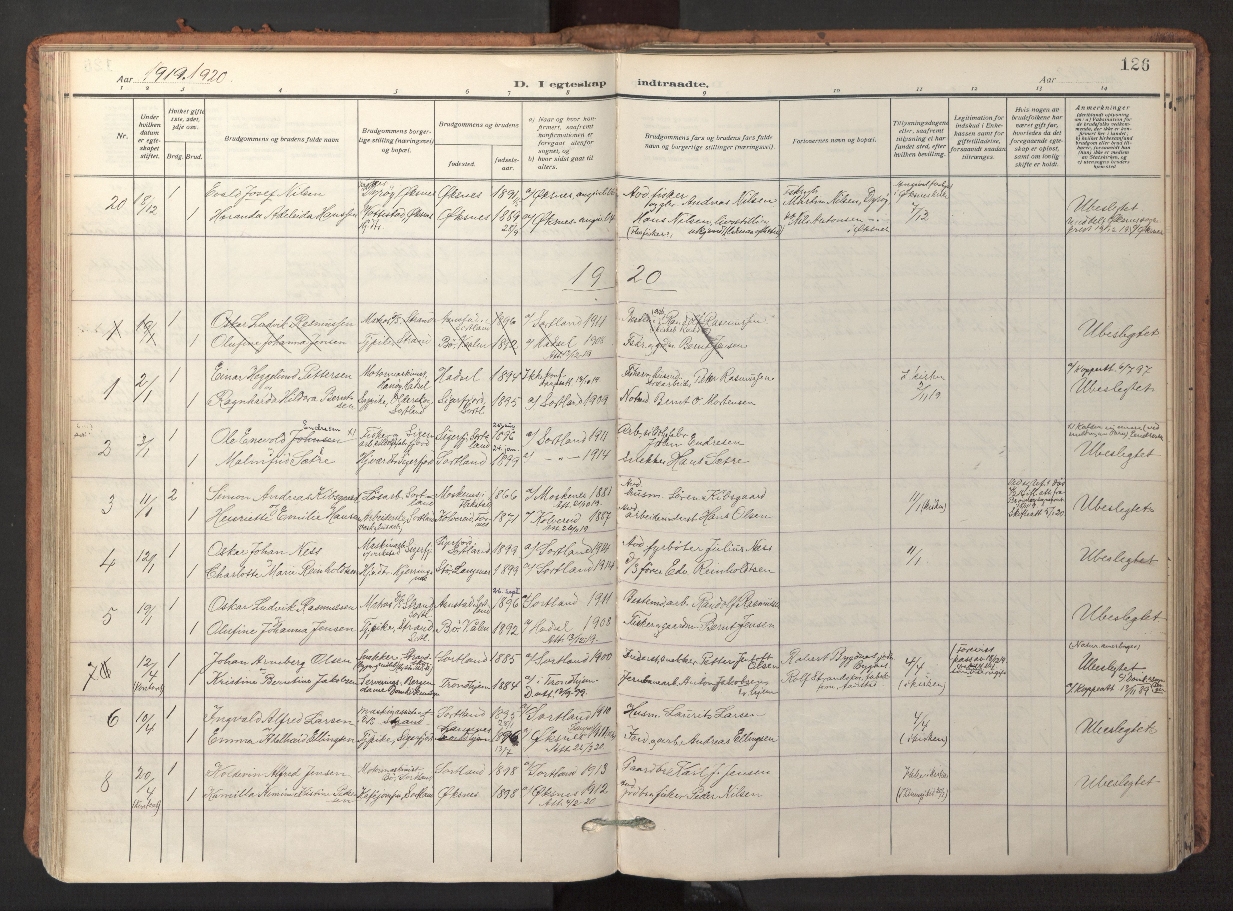 Ministerialprotokoller, klokkerbøker og fødselsregistre - Nordland, AV/SAT-A-1459/895/L1374: Parish register (official) no. 895A09, 1915-1925, p. 126