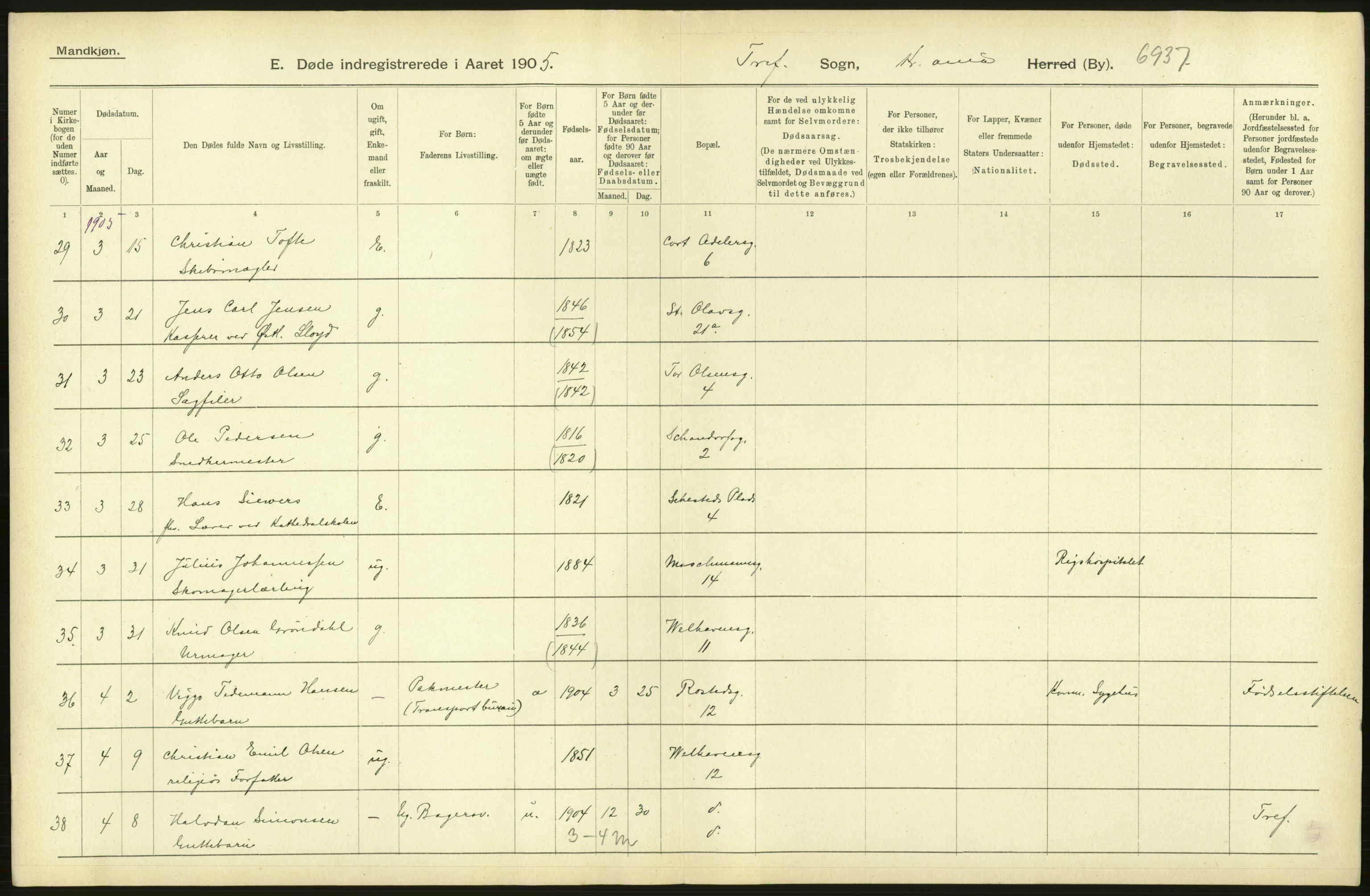 Statistisk sentralbyrå, Sosiodemografiske emner, Befolkning, AV/RA-S-2228/D/Df/Dfa/Dfac/L0007a: Kristiania: Døde, dødfødte., 1905, p. 516