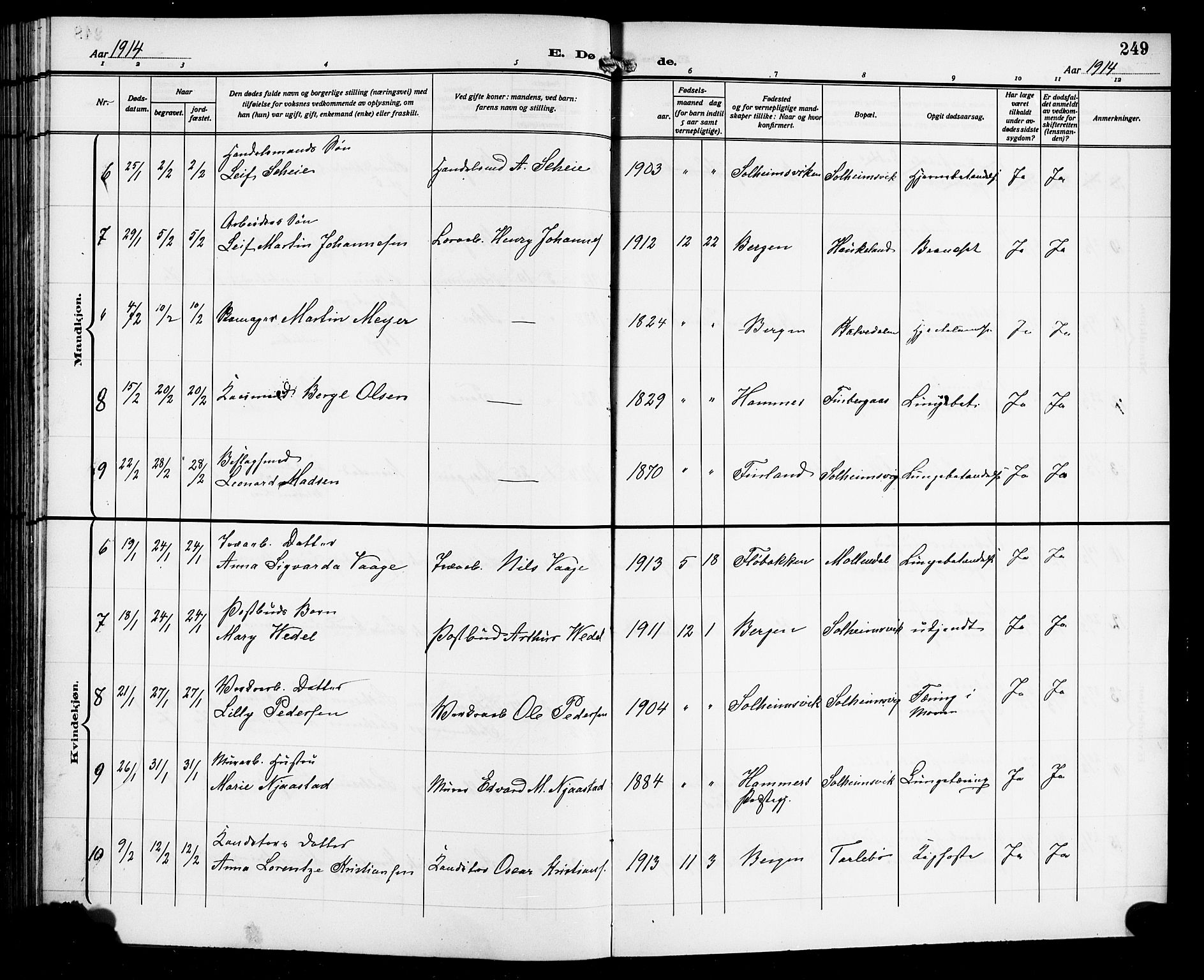Årstad Sokneprestembete, SAB/A-79301/H/Hab/L0018: Parish register (copy) no. C 1, 1902-1919, p. 249