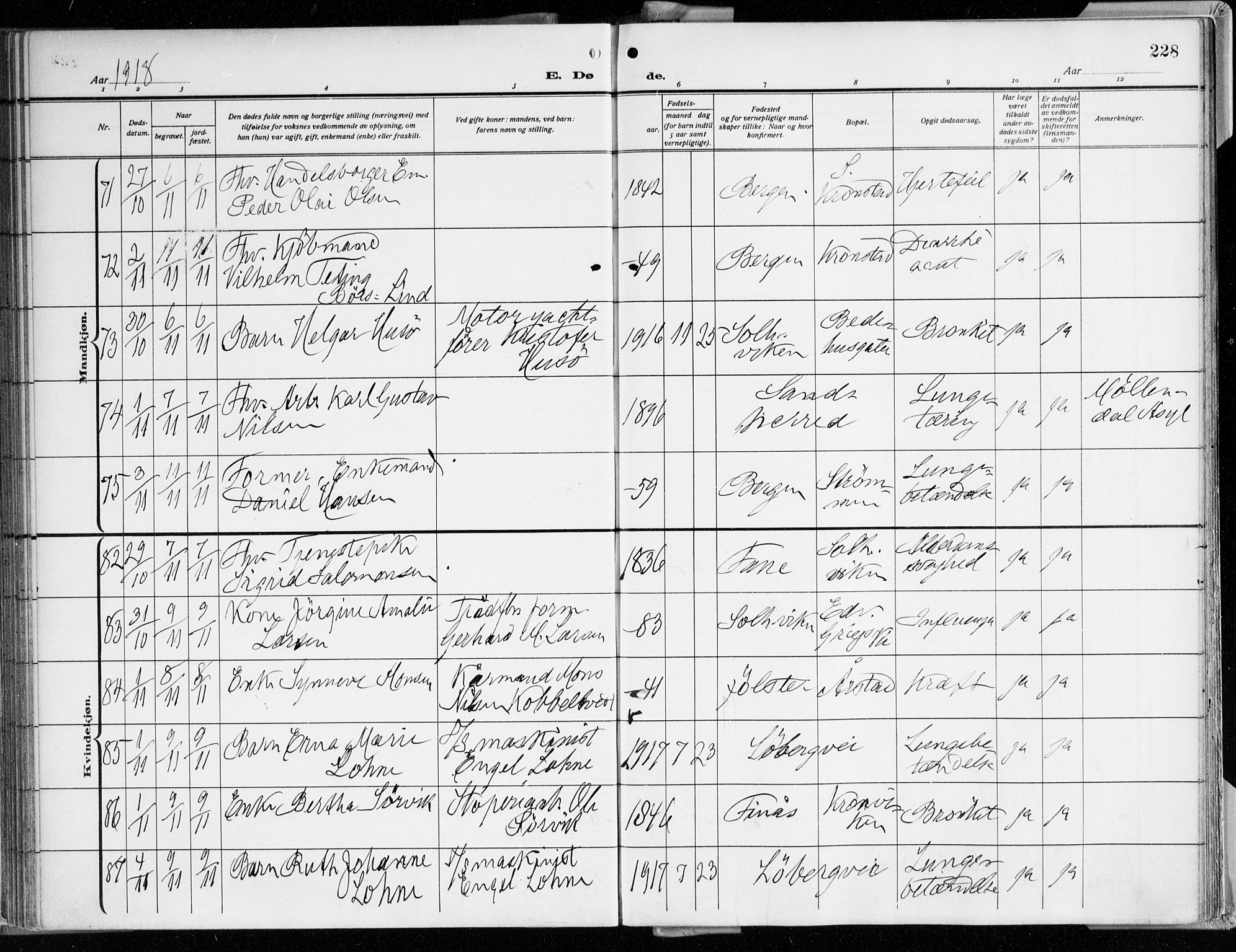 Årstad Sokneprestembete, AV/SAB-A-79301/H/Haa/L0003: Parish register (official) no. A 3, 1914-1919, p. 228