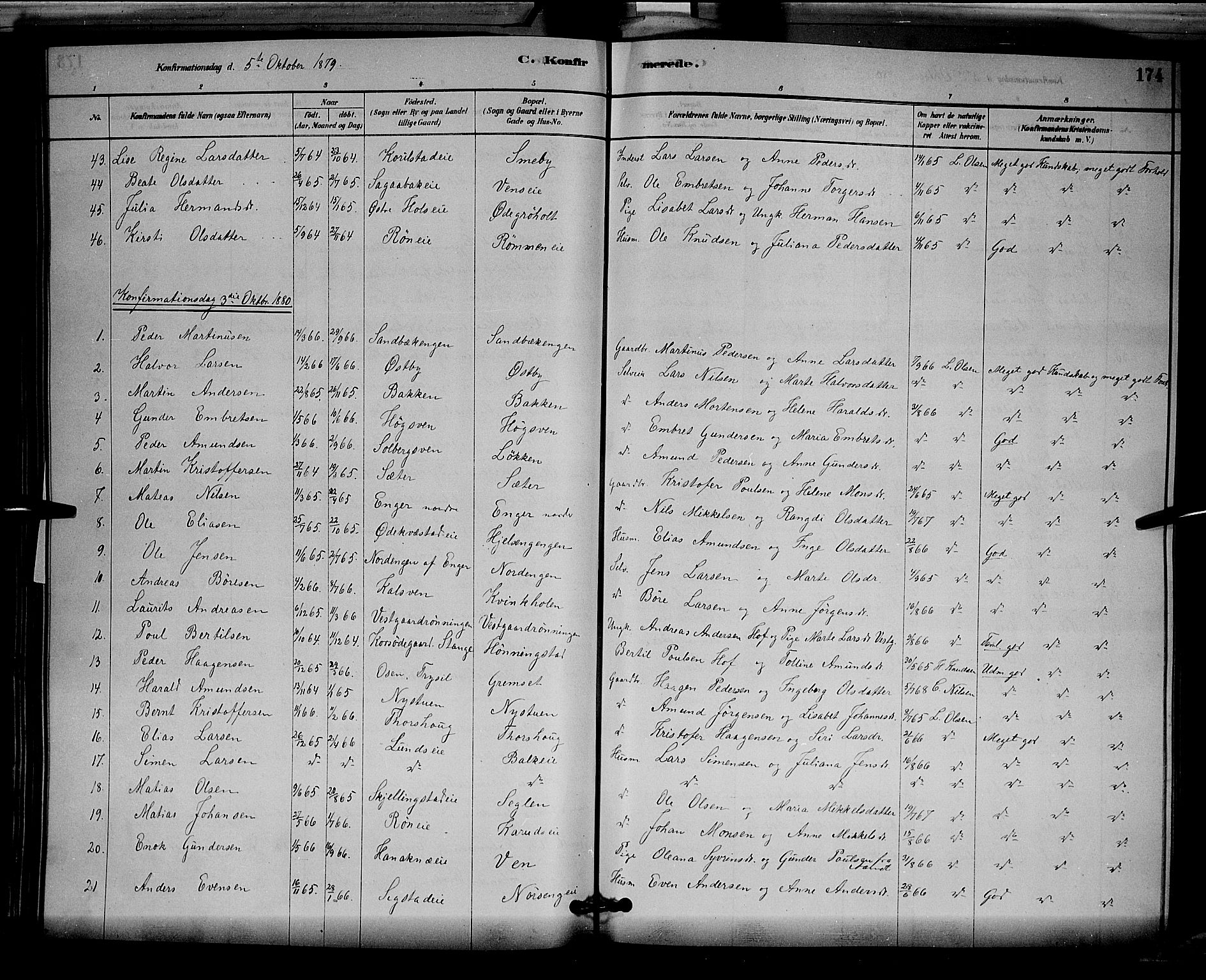 Løten prestekontor, SAH/PREST-022/L/La/L0005: Parish register (copy) no. 5, 1878-1891, p. 174