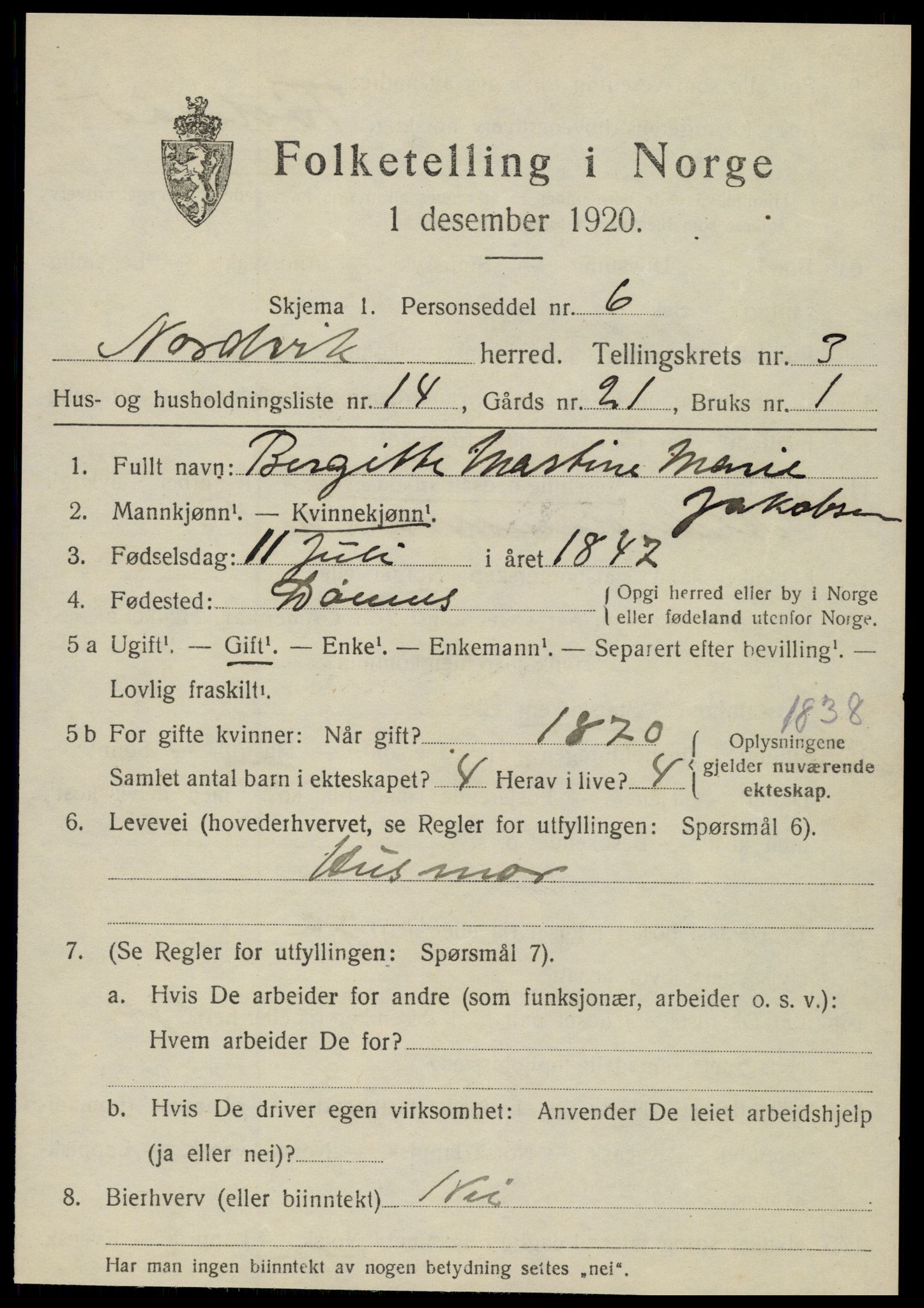 SAT, 1920 census for Nordvik, 1920, p. 1450