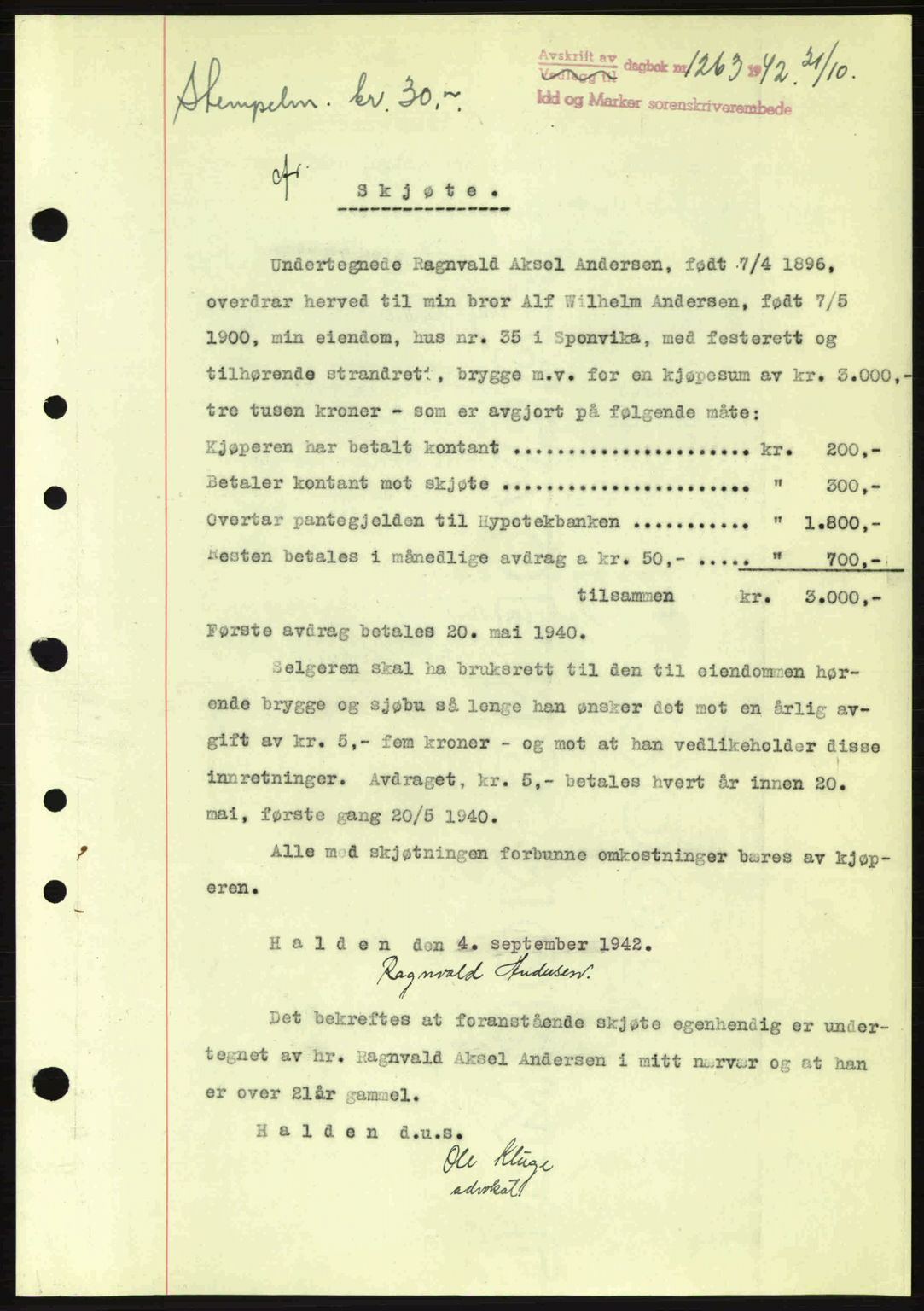 Idd og Marker sorenskriveri, AV/SAO-A-10283/G/Gb/Gbb/L0005: Mortgage book no. A5, 1941-1943, Diary no: : 1263/1942