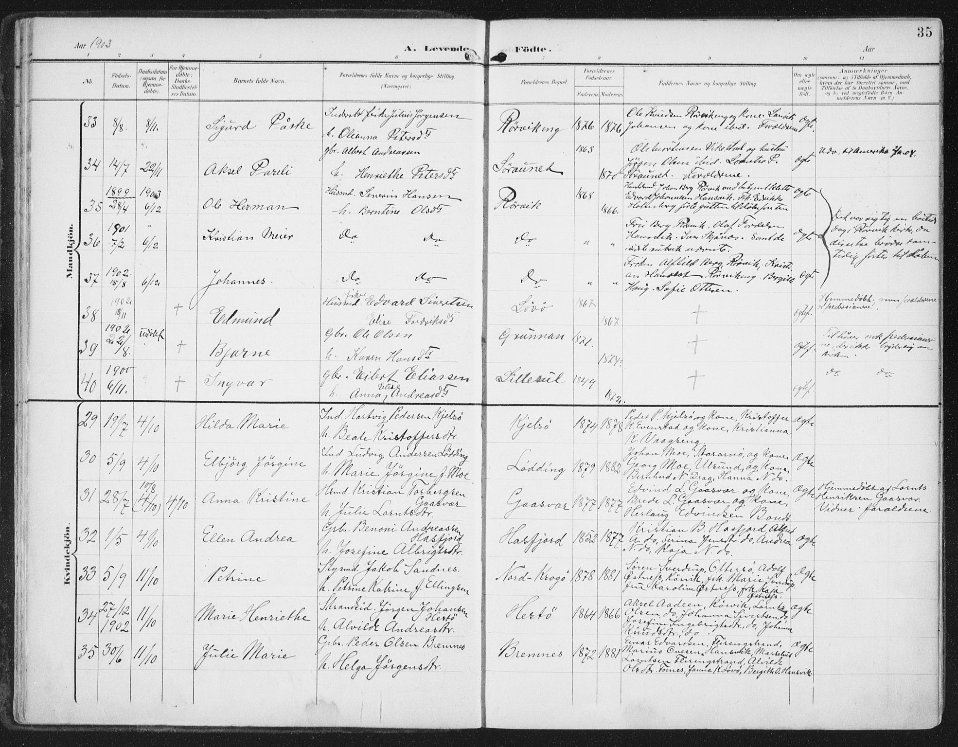 Ministerialprotokoller, klokkerbøker og fødselsregistre - Nord-Trøndelag, AV/SAT-A-1458/786/L0688: Parish register (official) no. 786A04, 1899-1912, p. 35