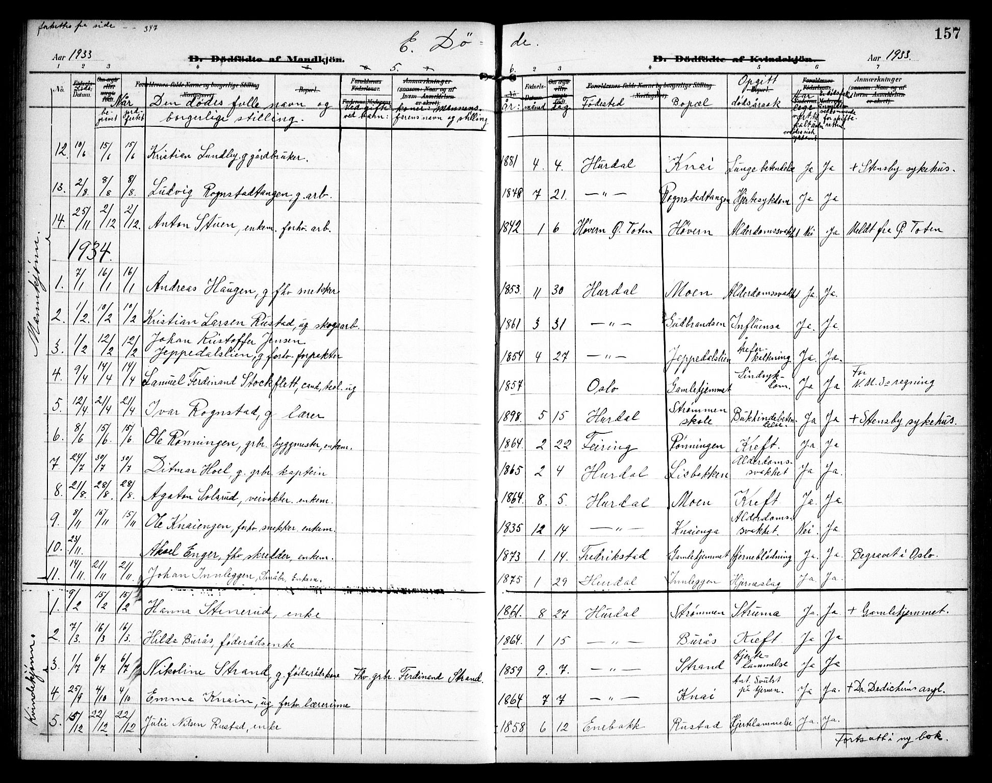 Hurdal prestekontor Kirkebøker, SAO/A-10889/G/Ga/L0001: Parish register (copy) no. I 1, 1902-1934, p. 157