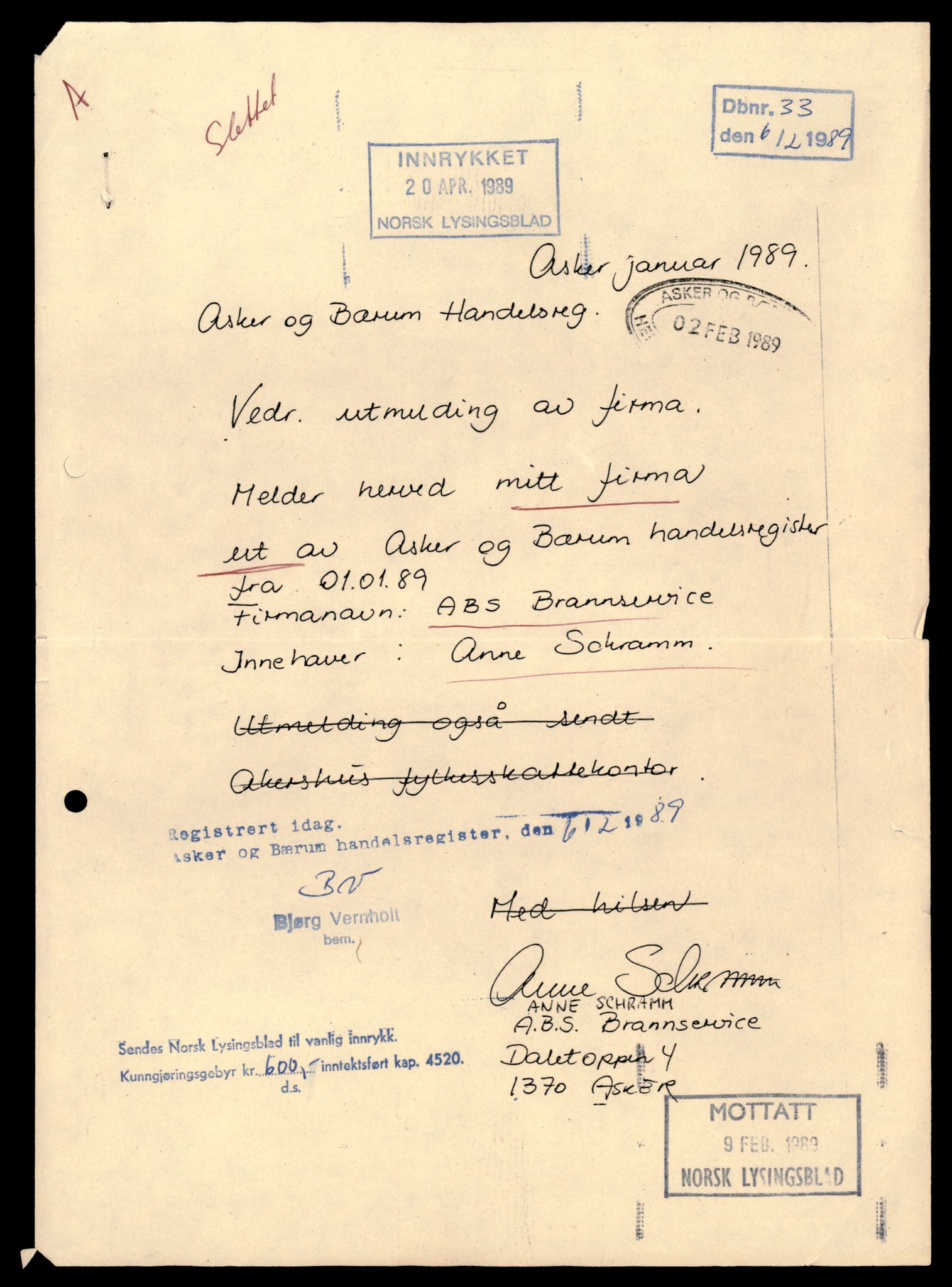 Asker og Bærum tingrett, AV/SAT-A-10379/K/Kb/Kba/L0008: Enkeltmannsforetak, A - Å, 1987-1989, p. 1