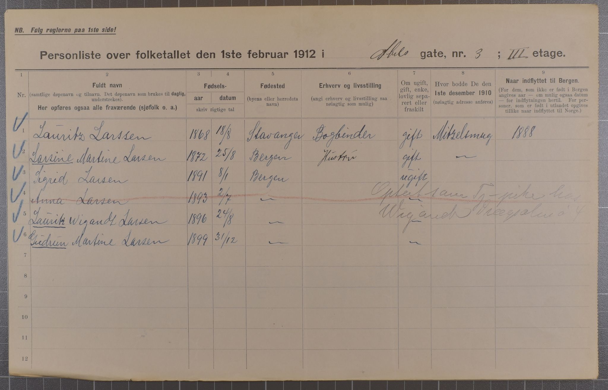 SAB, Municipal Census 1912 for Bergen, 1912, p. 200