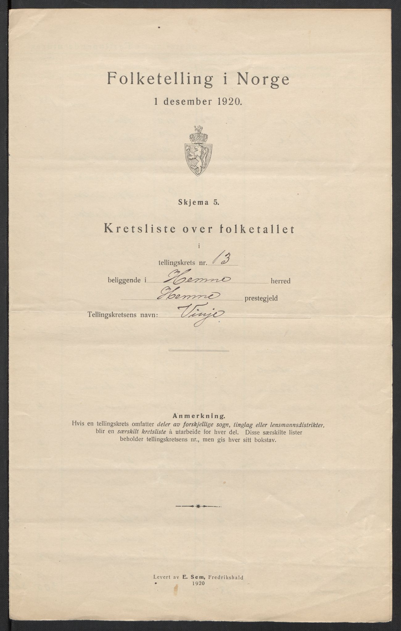 SAT, 1920 census for Hemne, 1920, p. 42